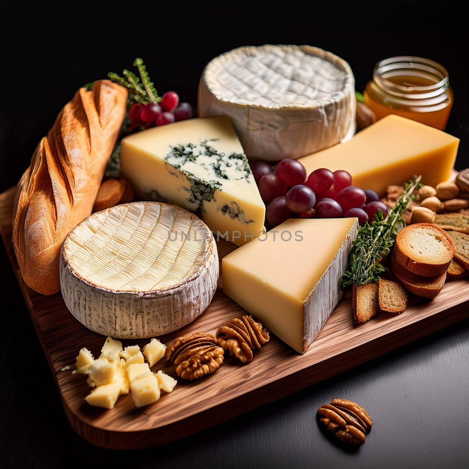 Artfully arranged selection of cheeses paired with fresh baguette slices and rich butter perfect for sharing and enjoying together.