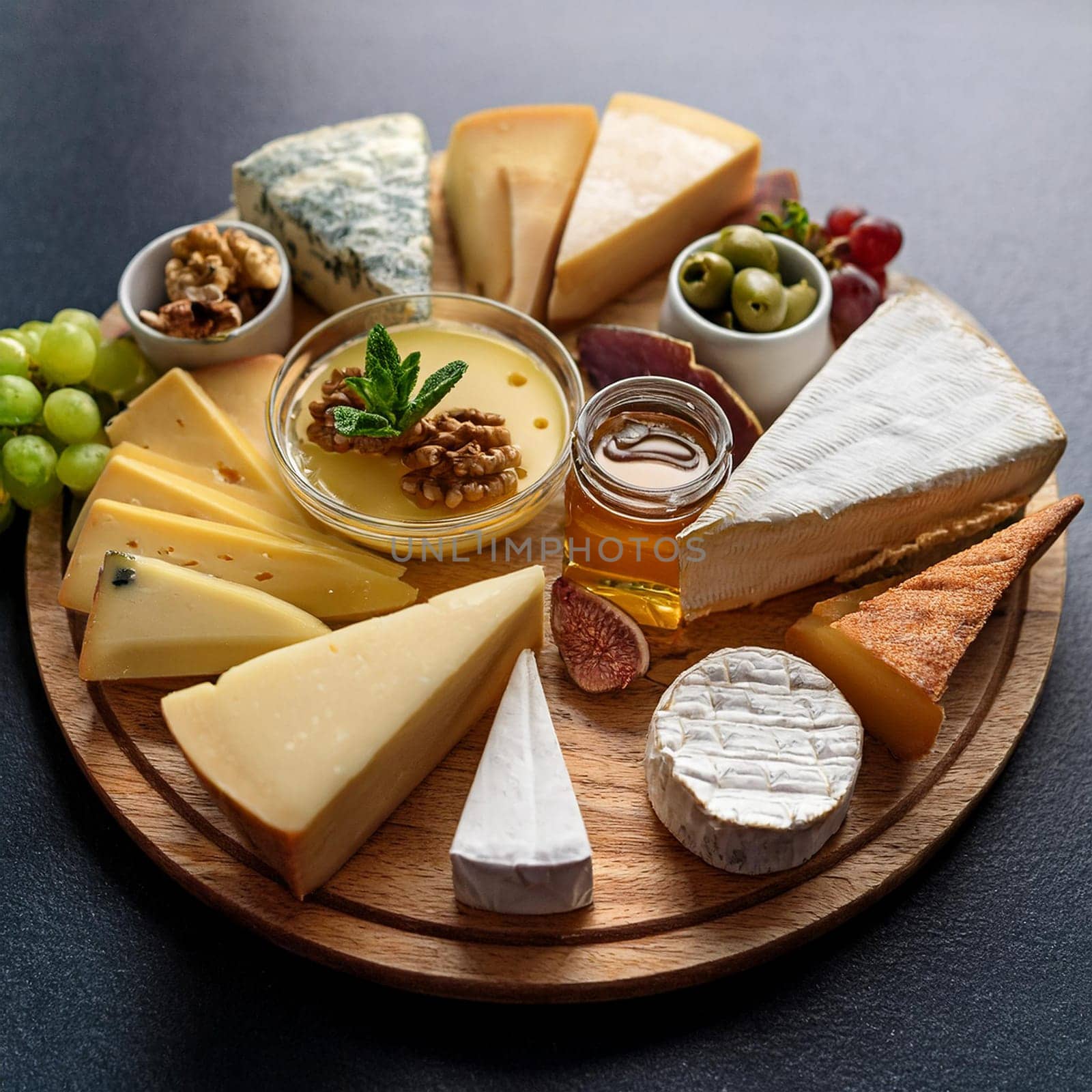 Artfully arranged selection of cheeses paired with fresh baguette slices and rich butter perfect for sharing and enjoying together.
