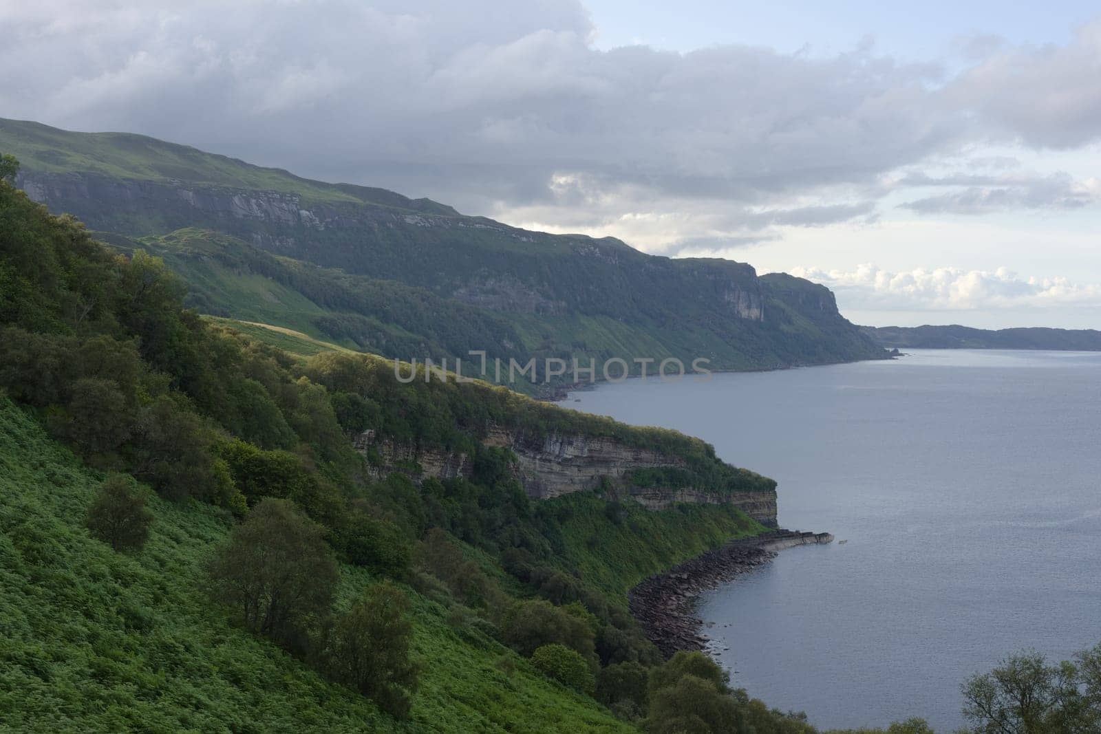 Landscape image of a green untouched coastline off the isle of raasay. A remote scottish location at sunset with a gently cloudy sky and calm sea.