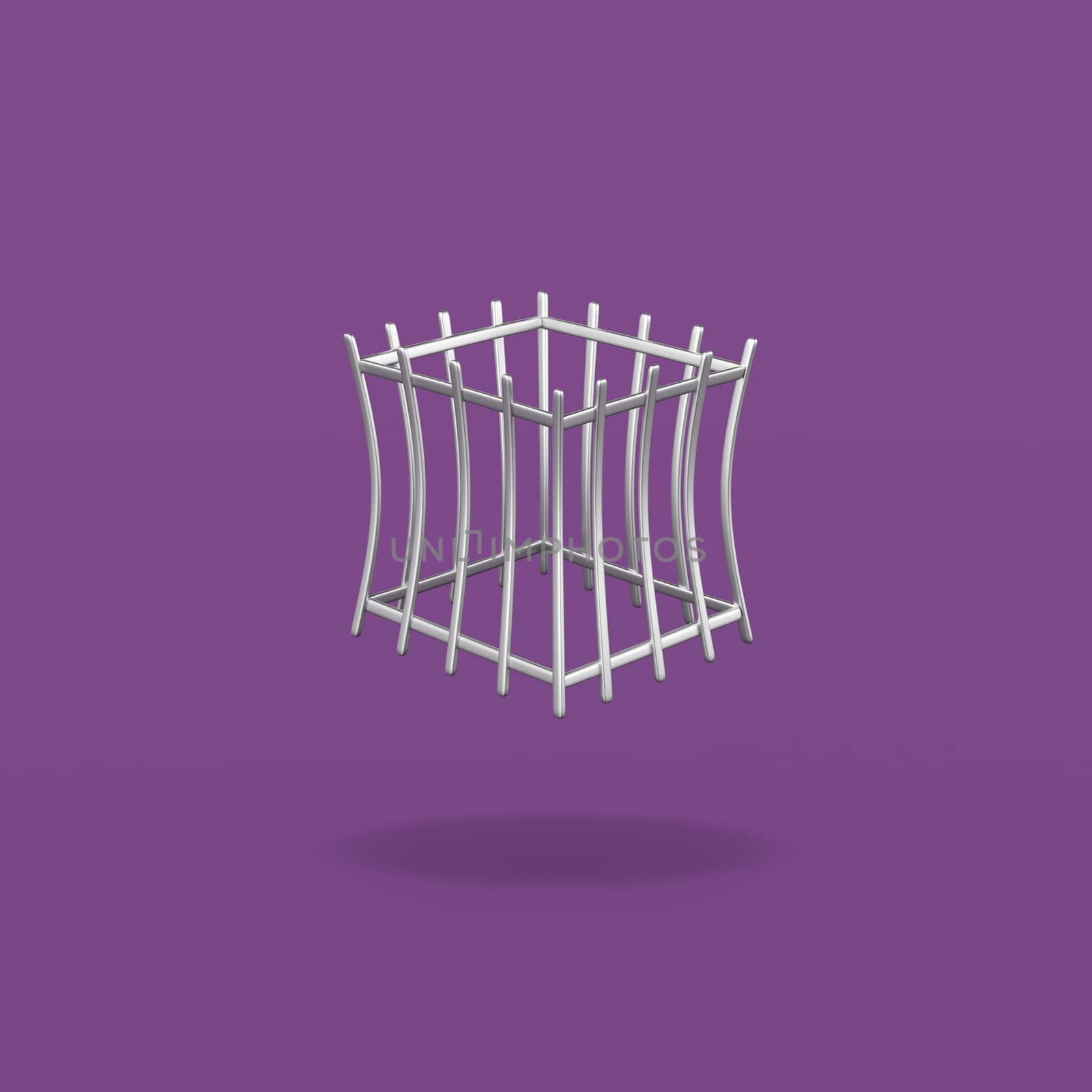 Cartoon Empty Iron Cage on Flat Purple Background with Shadow 3D Illustration