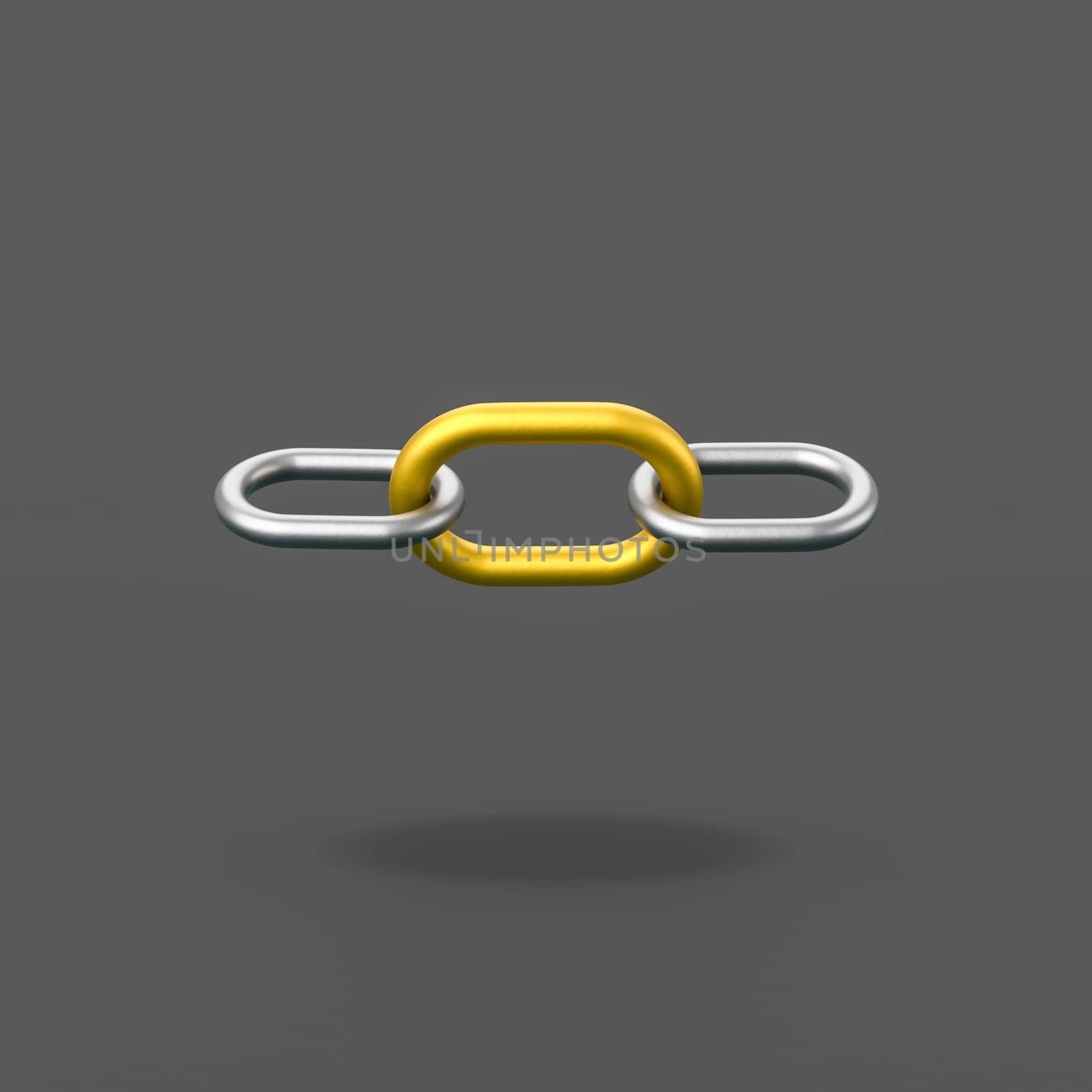 Metal Chain with One Golden Link Isolated on Flat Black Background with Shadow 3D Illustration, Join Concept