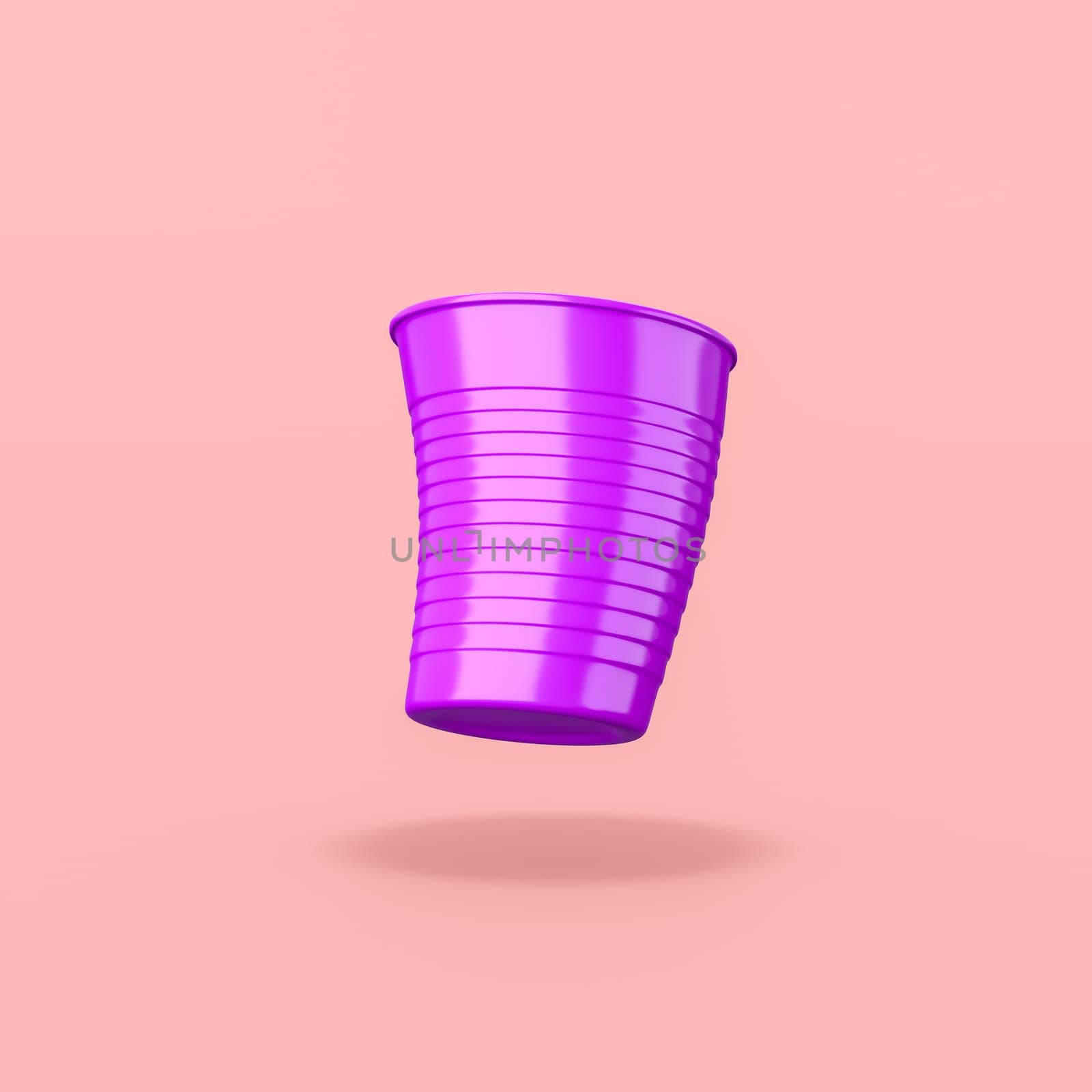 One Comic Purple Disposable Plastic Cup on Flat Light Red Background with Shadow 3D Illustration
