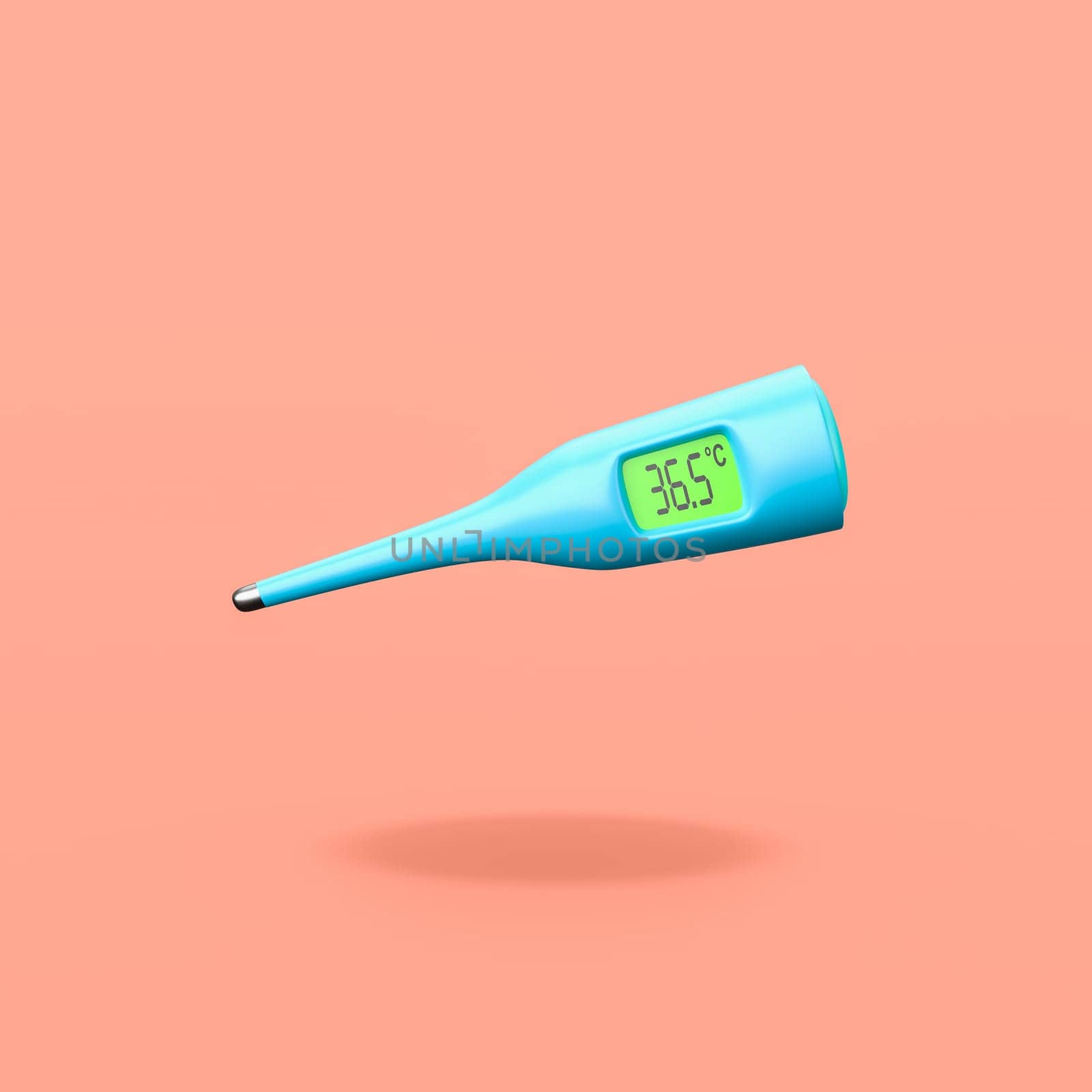 Cartoon Clinical Digital Thermometer Isolated on Flat Orange Background with Shadow 3D Illustration