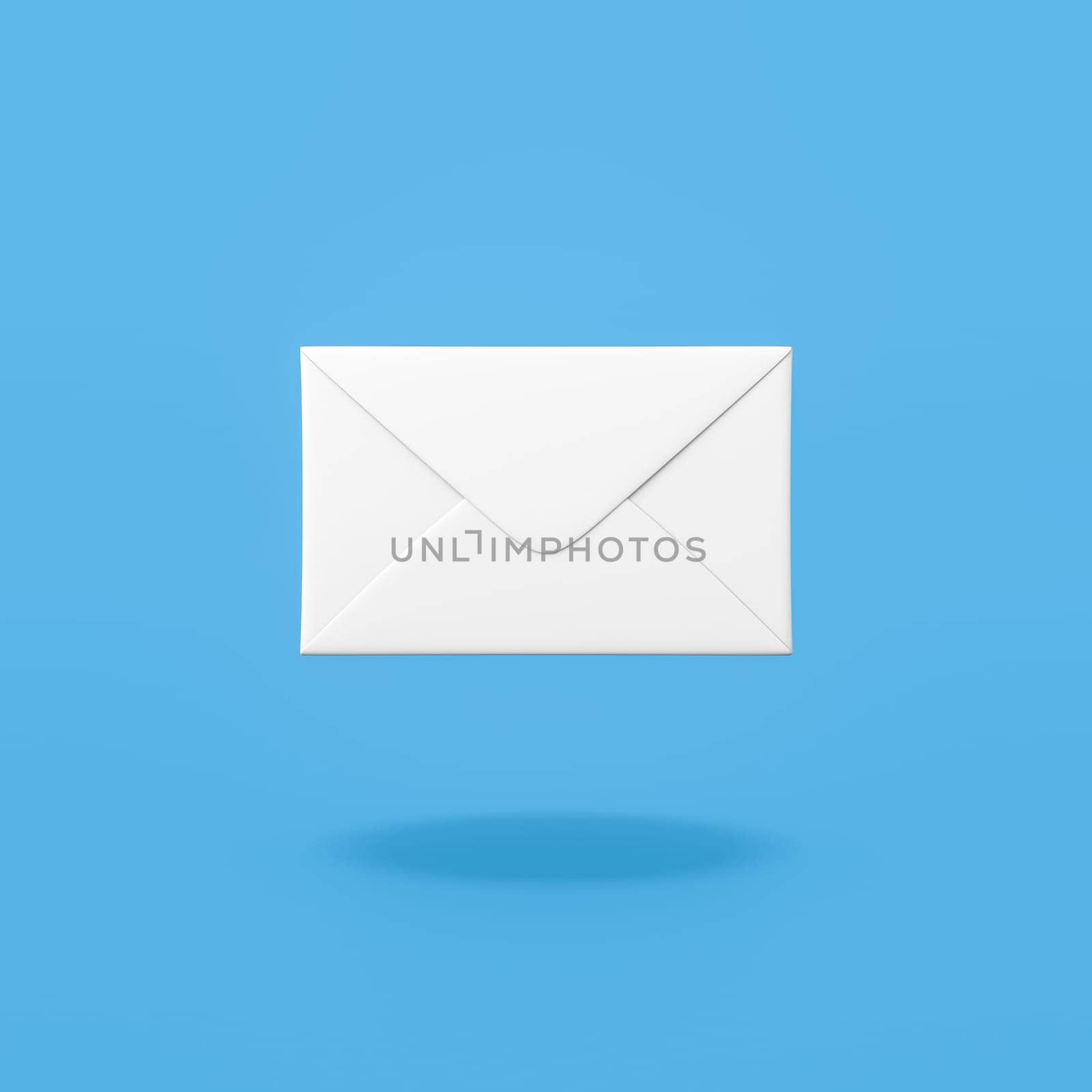 Single White Closed Paper Mail Envelope on Flat Blue Background with Shadow 3D Illustration, Front View