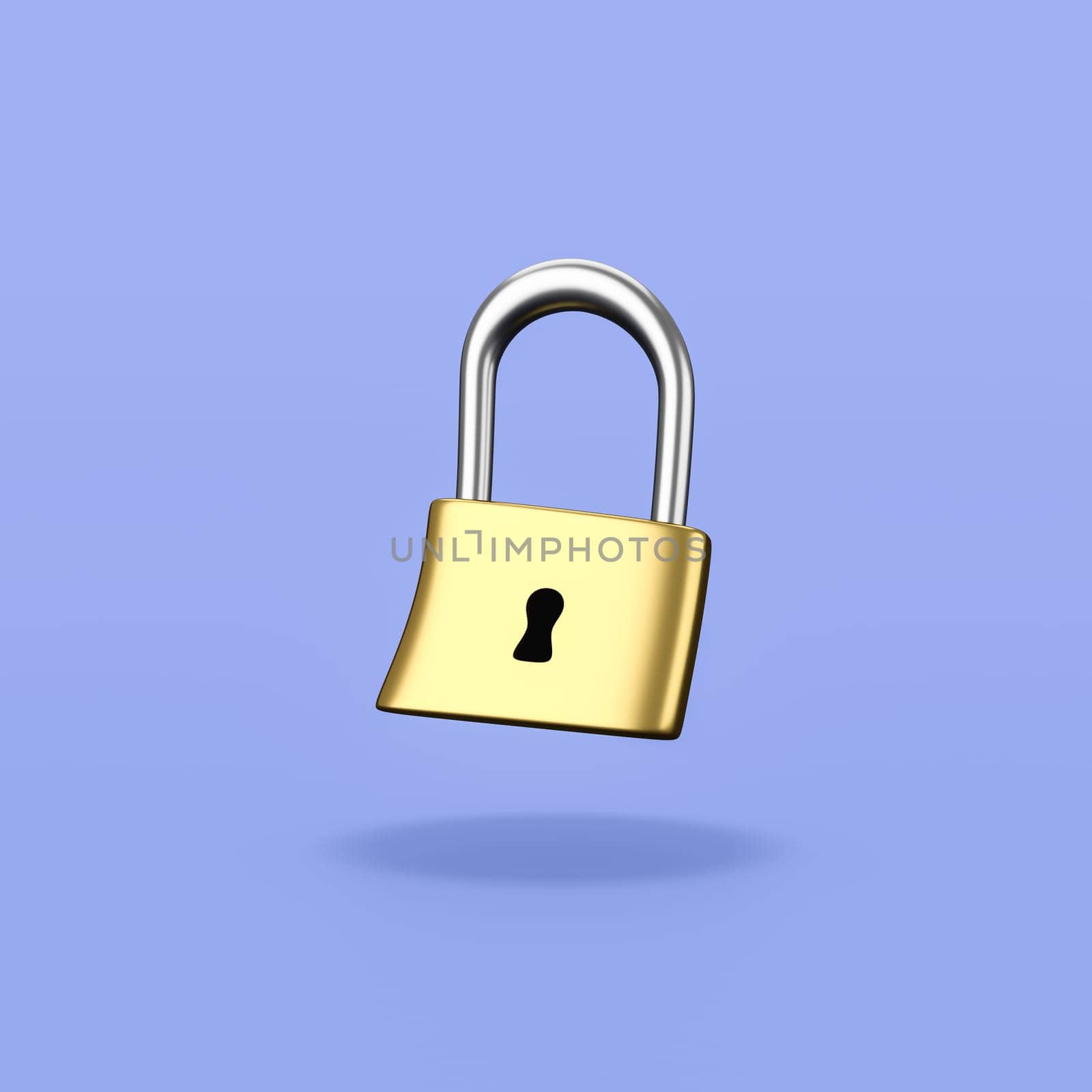 Cartoon Locked Metallic Padlock Isolated on Flat Blue Background with Shadow 3D Illustration