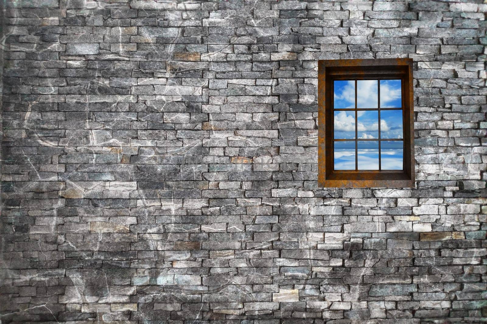 The 3d rendering of window with nice view in brick wall