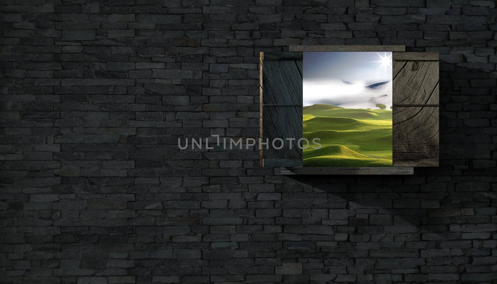 The 3d rendering of window with nice view in brick wall