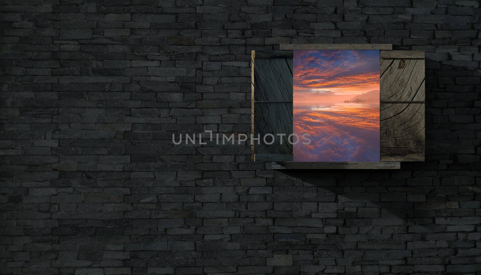 The 3d rendering of window with nice view in brick wall