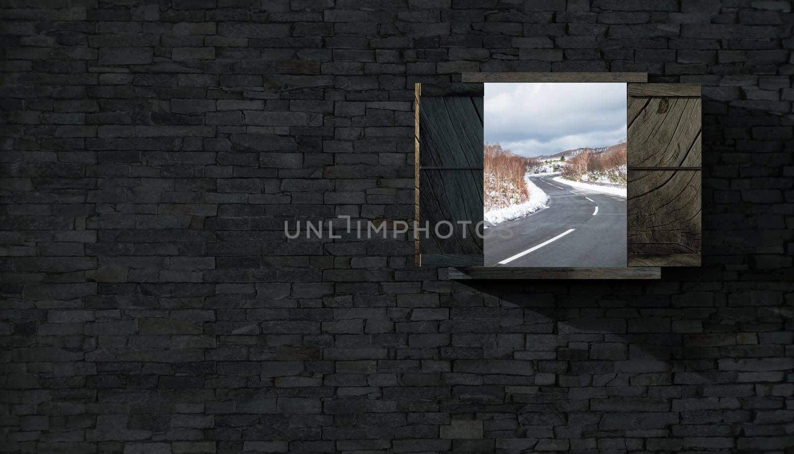 The 3d rendering of window with nice view in brick wall