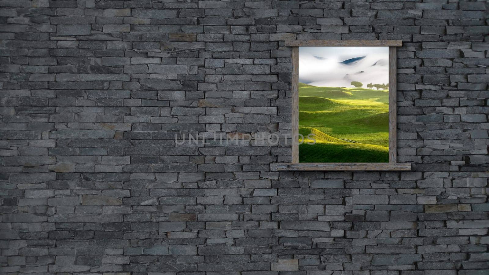 The 3d rendering of window with nice view in brick wall