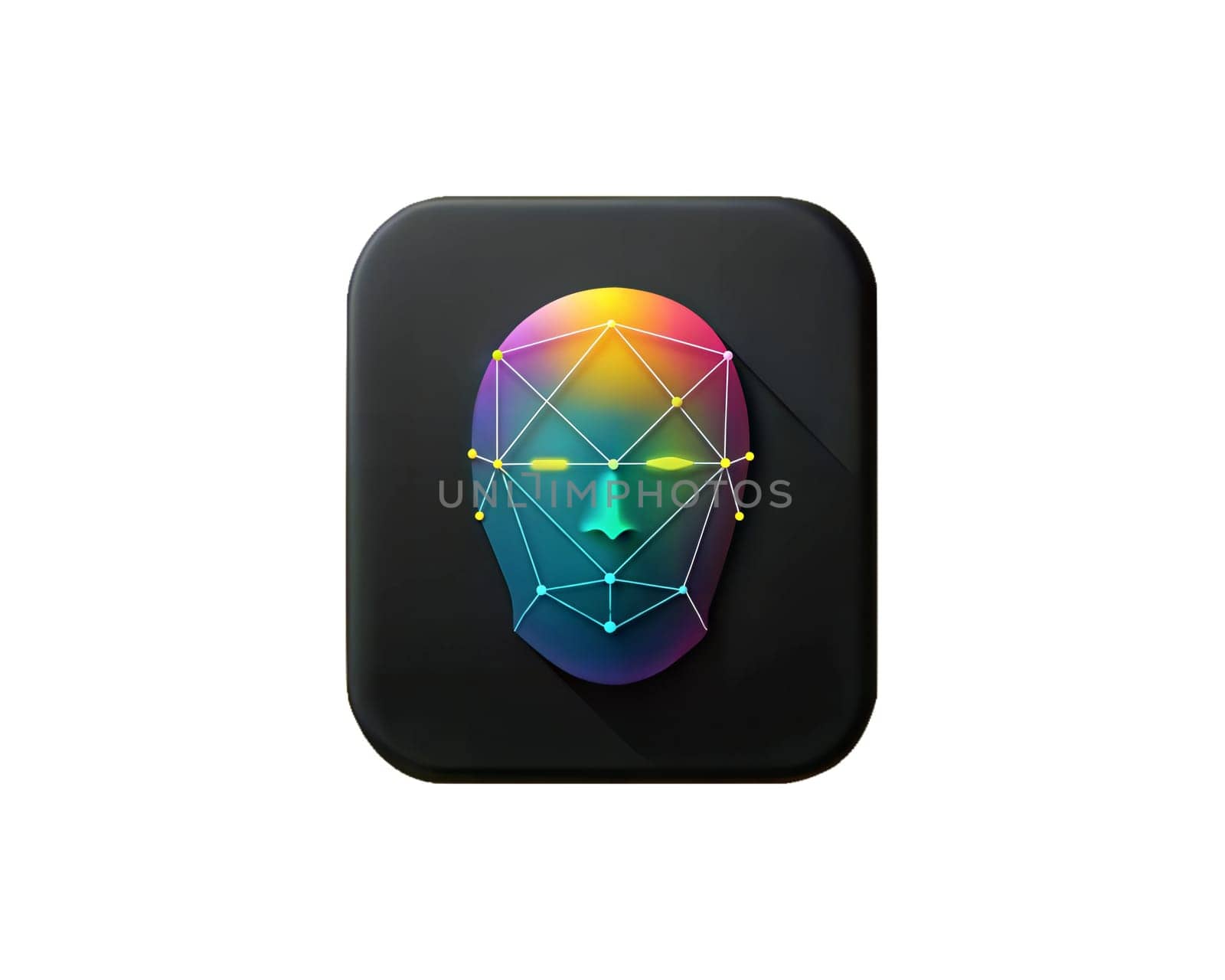 A futuristic iridescent icon representing facial recognition technology, featuring a geometric face pattern, isolated on white background, symbolizing AI, security, and innovation.