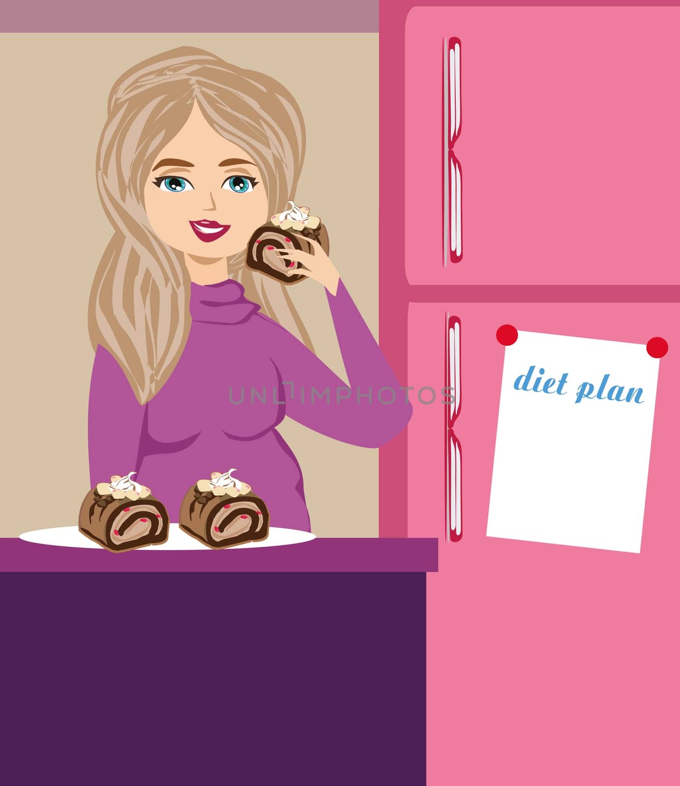 fat woman eats cake at night