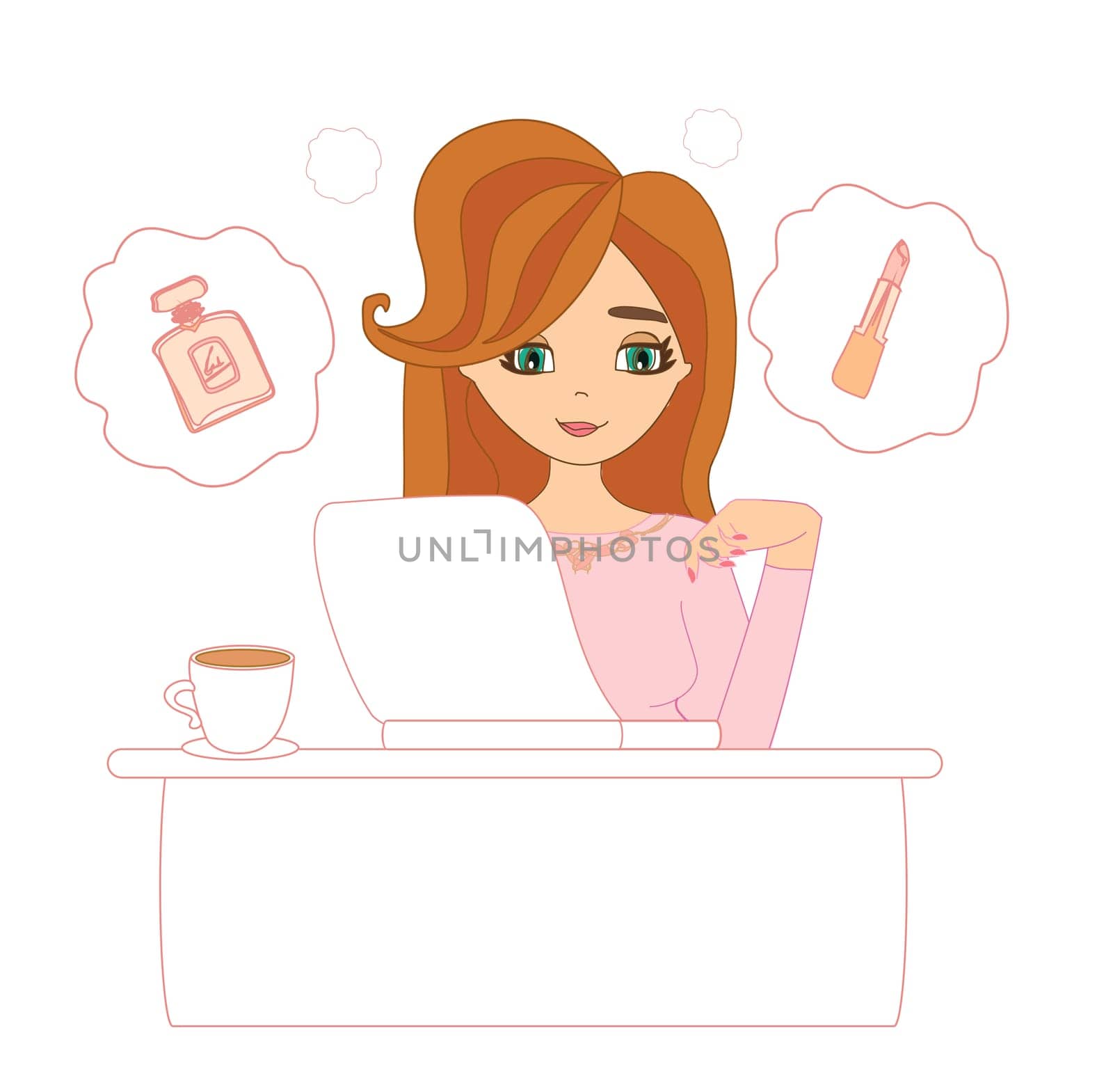 Woman with laptop and Online shopping - doodle illustration isolated from background