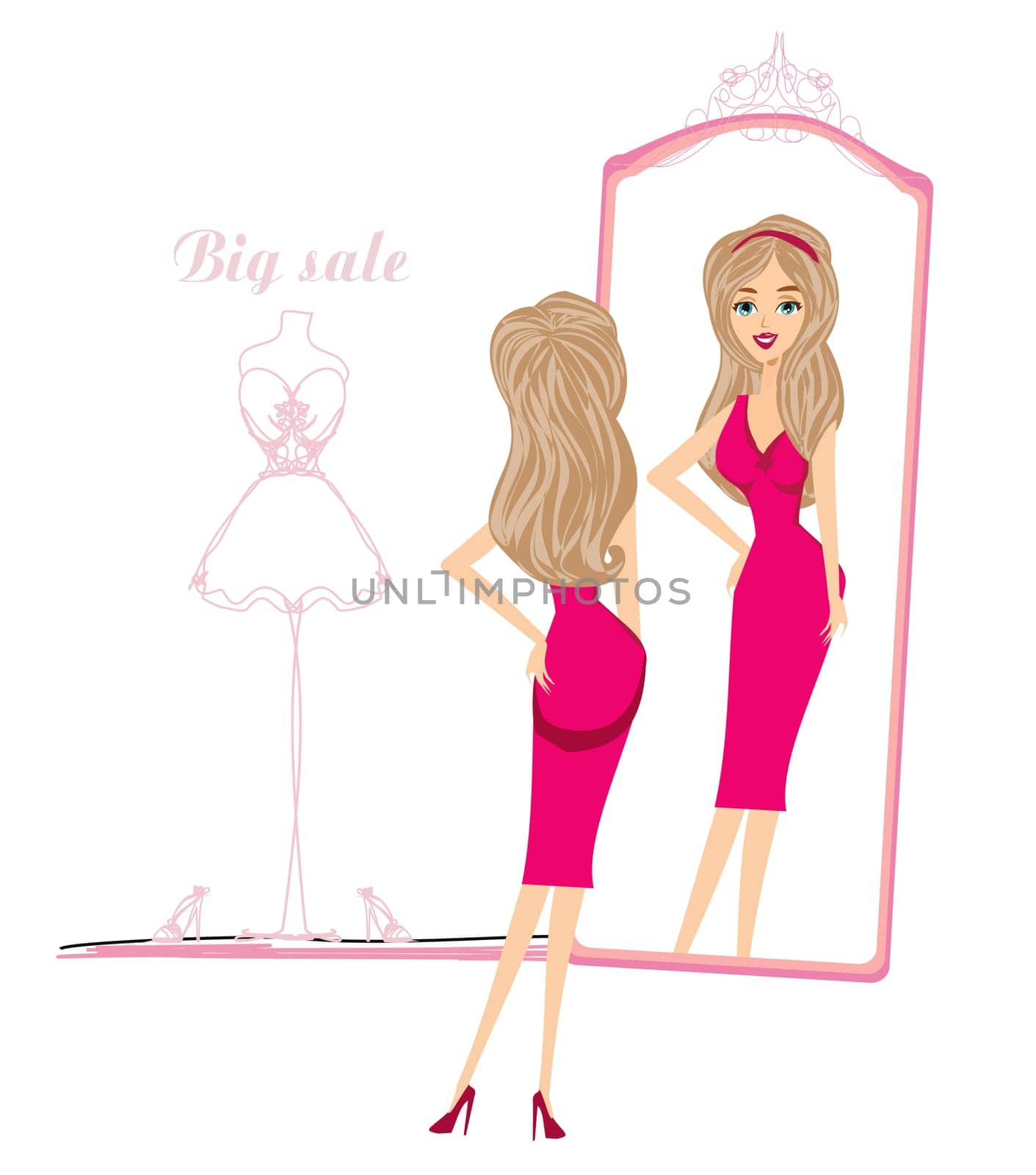 beautiful shopping girl looks at herself in the mirror