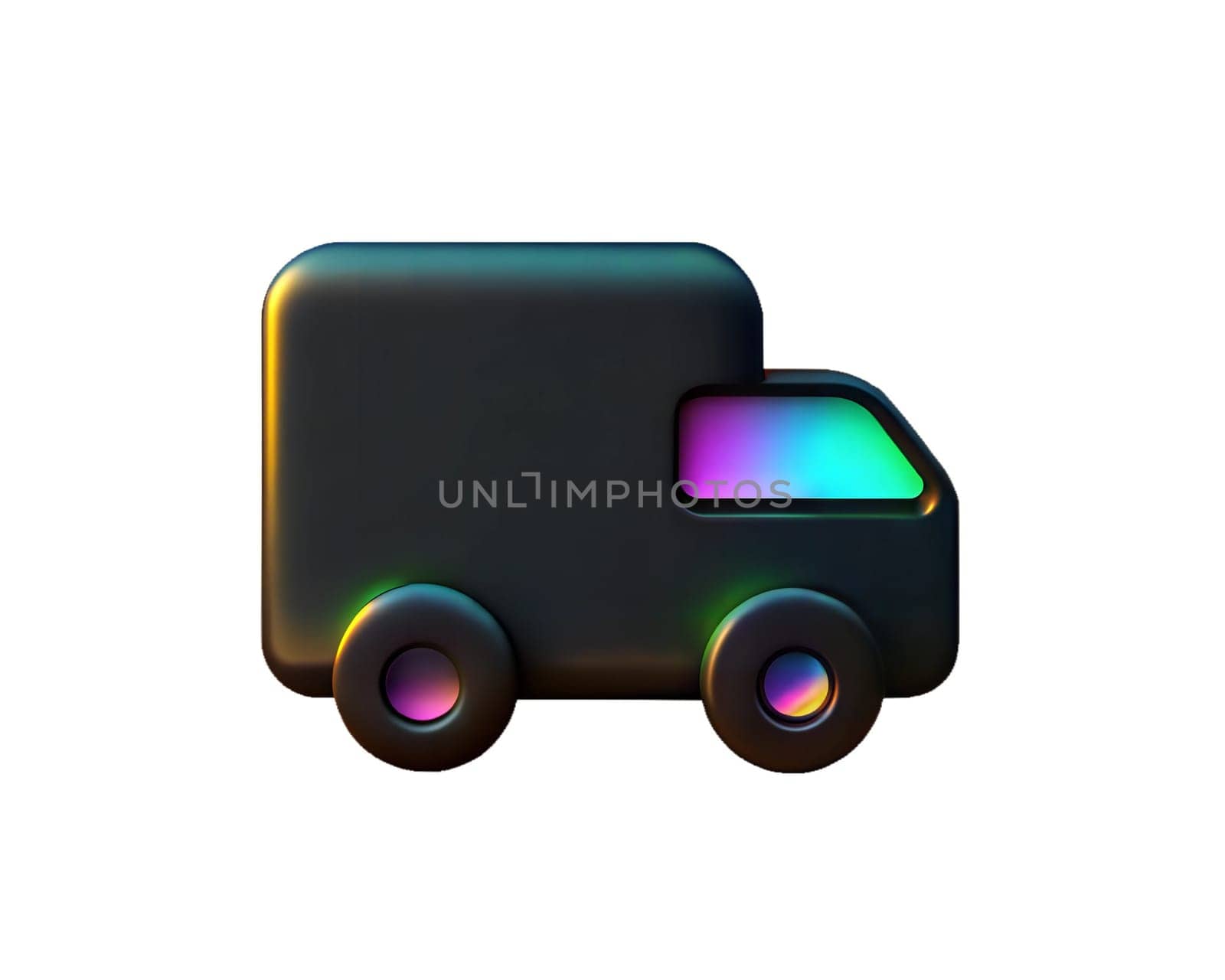 A vibrant, iridescent icon of a truck, symbolizing sustainable transport and eco-friendly delivery, isolated on a white background. Perfect for concepts of green logistics and transportation.