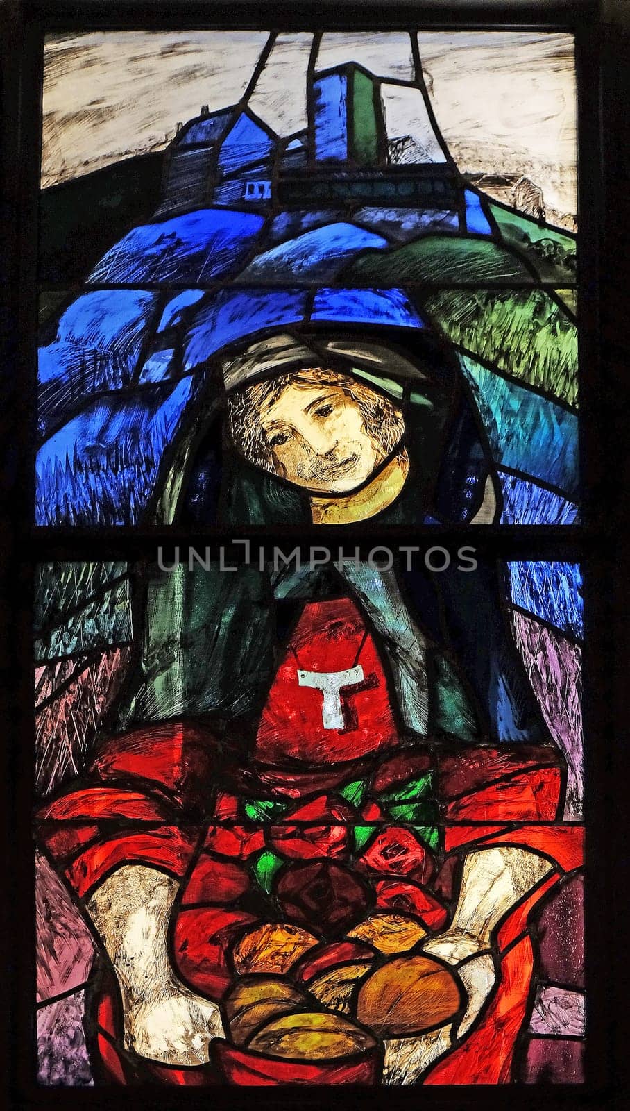 Saint Elizabeth of Hungary, detail of stained glass window by Sieger Koder in Franciscan abbey in Kleinostheim, Germany