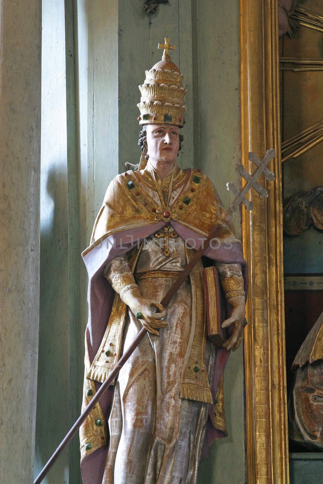 Saint Pope statue on the altar of aint John Nepomuk at the Church of Our Lady of Jerusalem at Trski Vrh in Krapina, Croatia