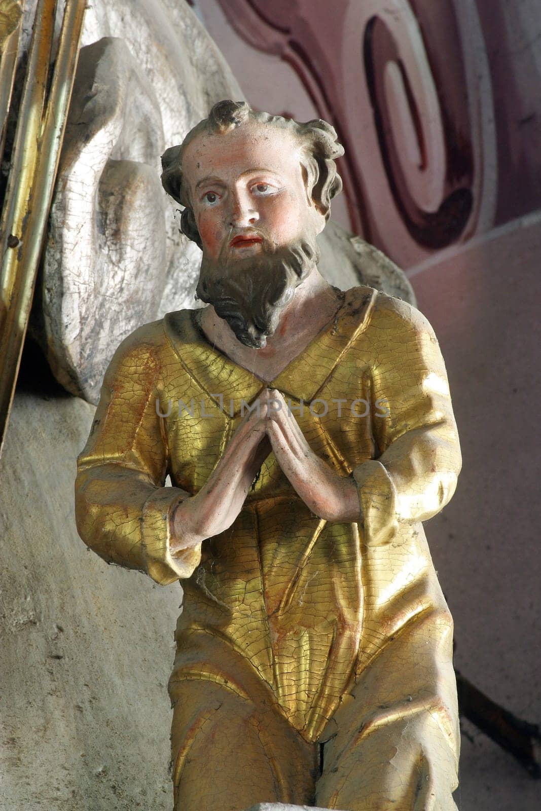 Statue of a saint at a pulpit in the Church of Our Lady of Jerusalem at Trski Vrh in Krapina, Croatia