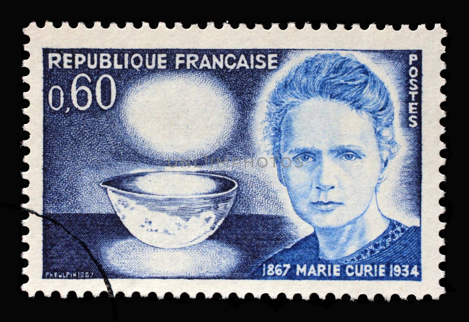 Stamp printed in the France shows Marie Sklodowska Curie (1867-1934), bowl glowing with radium, physicist and chemist, 1967