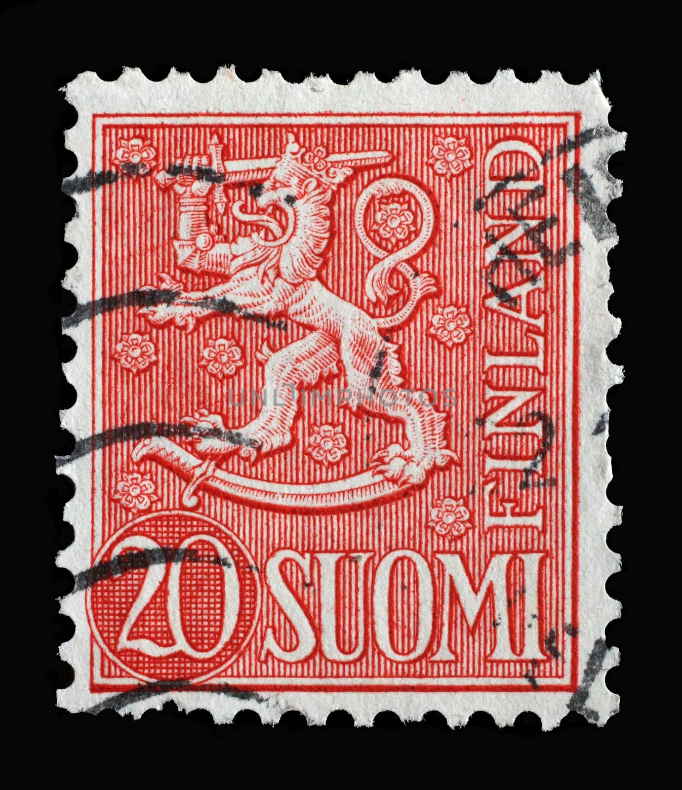 Stamp printed in the Finland shows Crowned Lion, Coat of Arms of the Republic of Finland, Hammarsten-Jansson Design, circa 1956