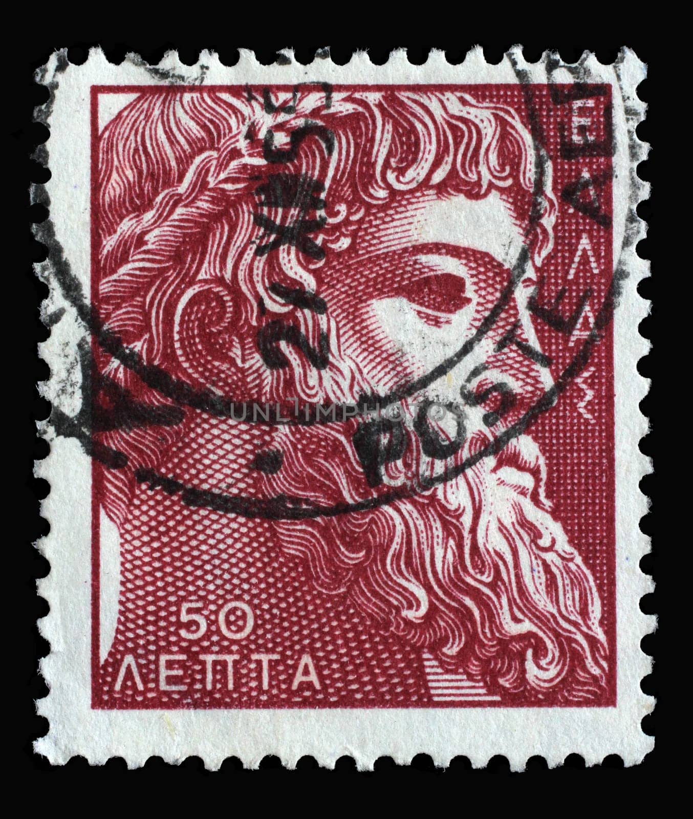 Stamp printed in Greece shows ancient god of sky and thunder Zeus of Istiaea, king of gods, circa 1955