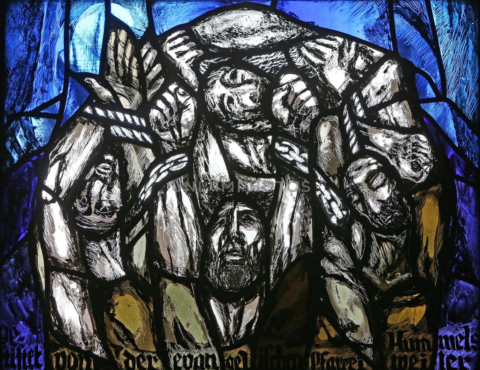 First Easter night, detail of stained glass window by Sieger Koder in St. James church in Hohenberg, Germany