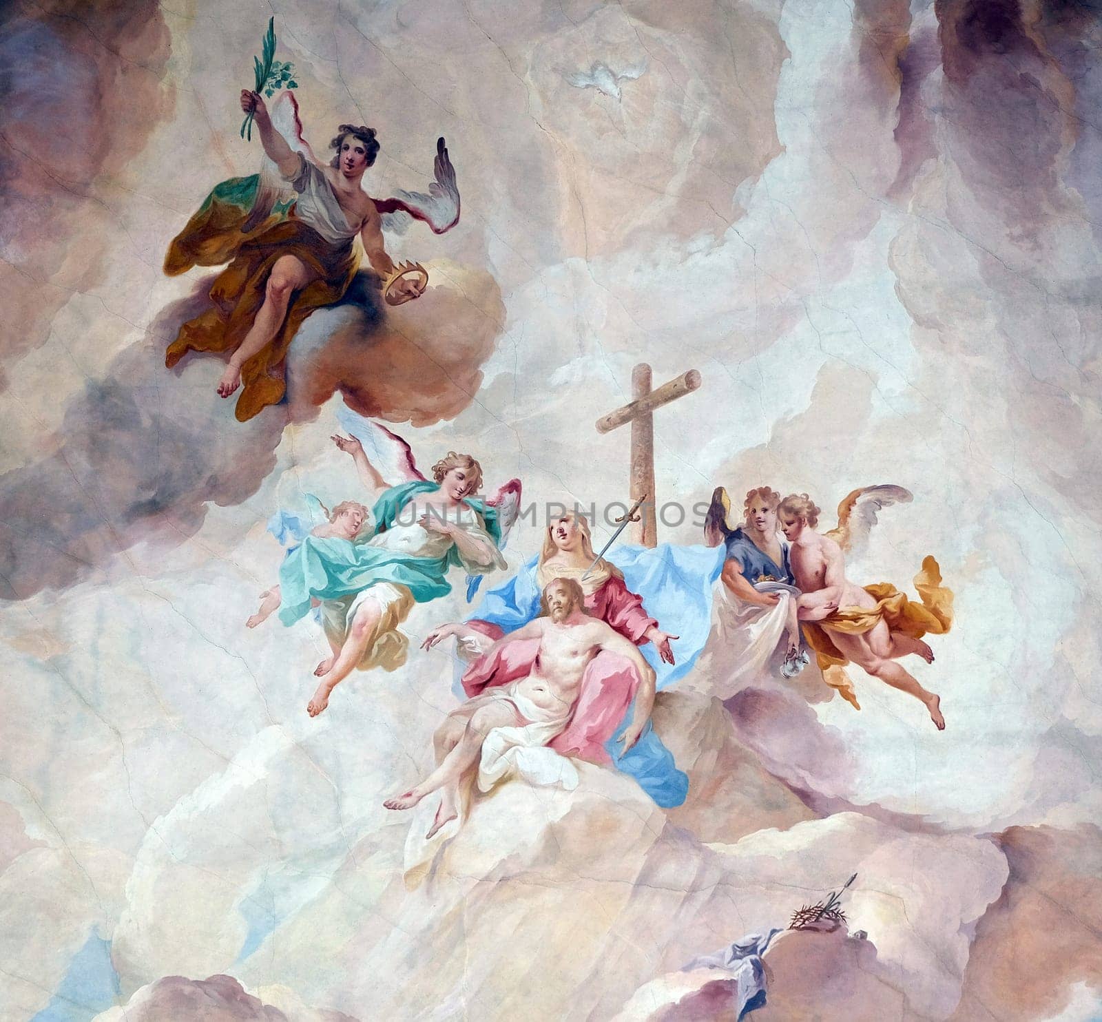 Our Lady of Sorrows with angels and Saints, fresco on the ceiling of the Maria Vesperbild Church in Ziemetshausen, Germany
