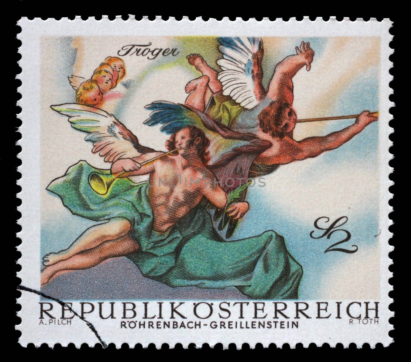Stamp printed in Austria, is shown Angels, from Last Judgment by Troger (Rohrenbach-Greillenstein Chapel), circa 1968