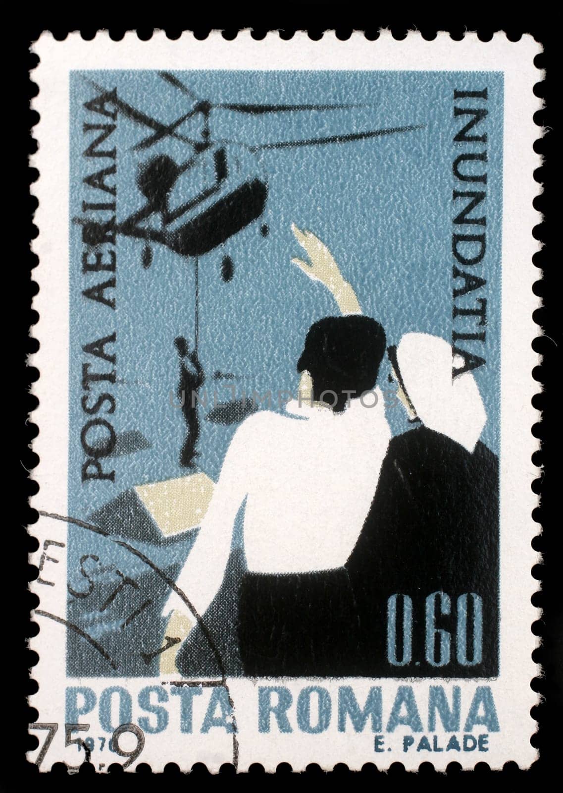 Stamp printed in Romania shows Rescue by helicopter, Plight of the Danube flood victims, circa 1970.