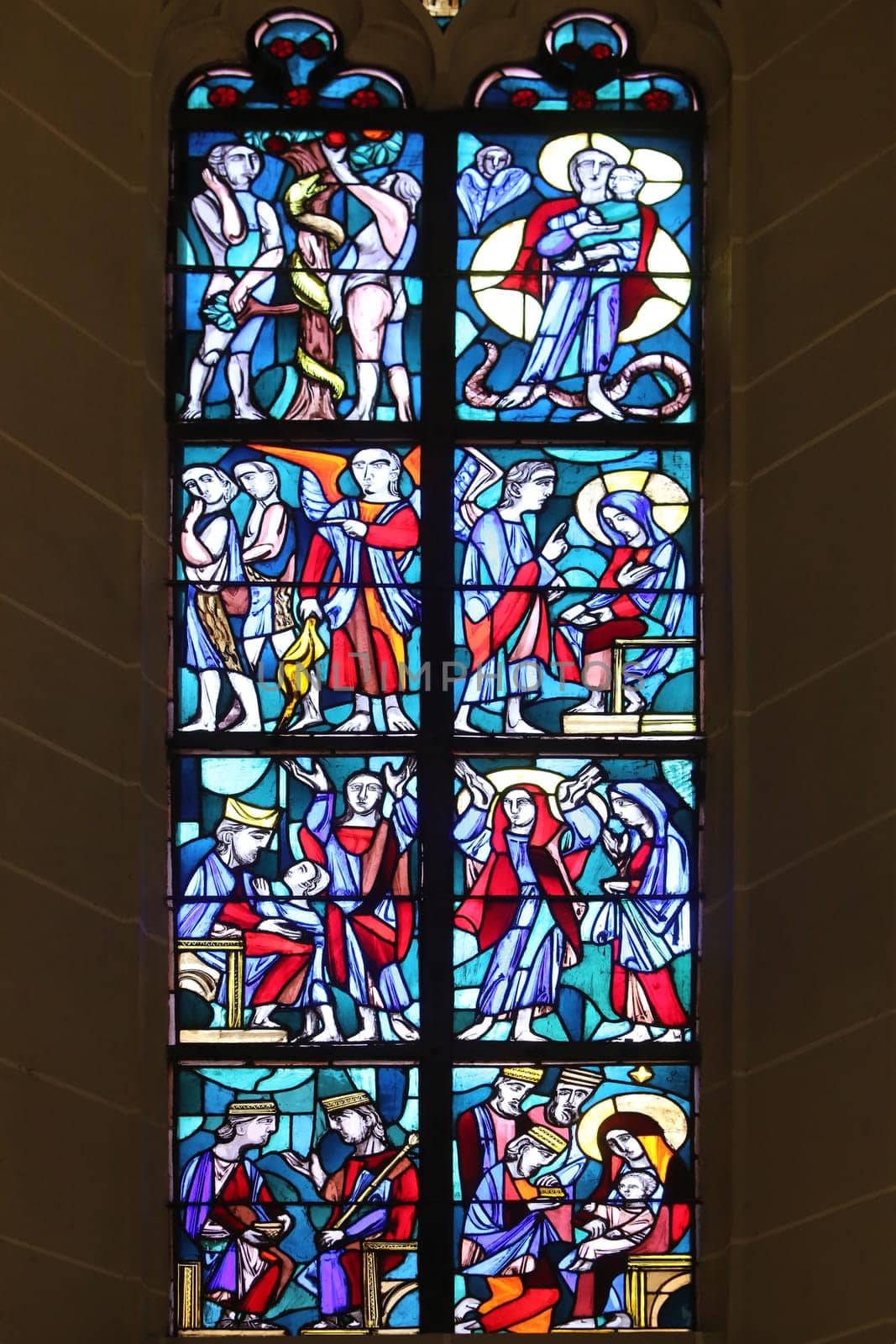 Stained glass window in Basilica of St. Vitus in Ellwangen, Germany