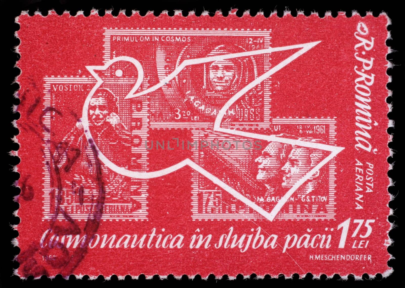 Stamp printed in Romania shows Peace dove with stamps, Space Exploring, circa 1962.