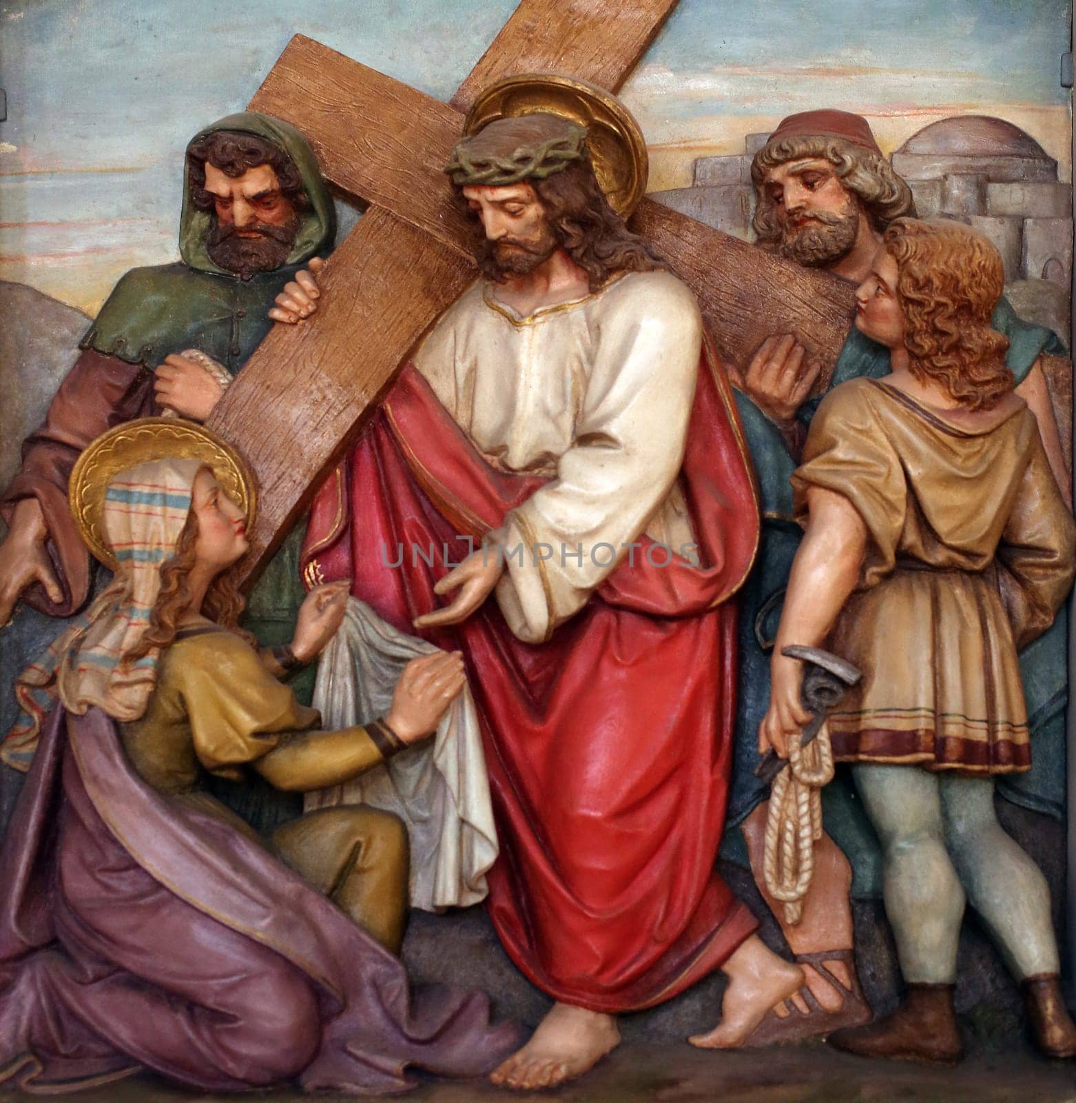 Veronica wipes the face of Jesus, 6th Stations of the Cross, the parish church of St. Peter and Paul in Oberstaufen, Germany