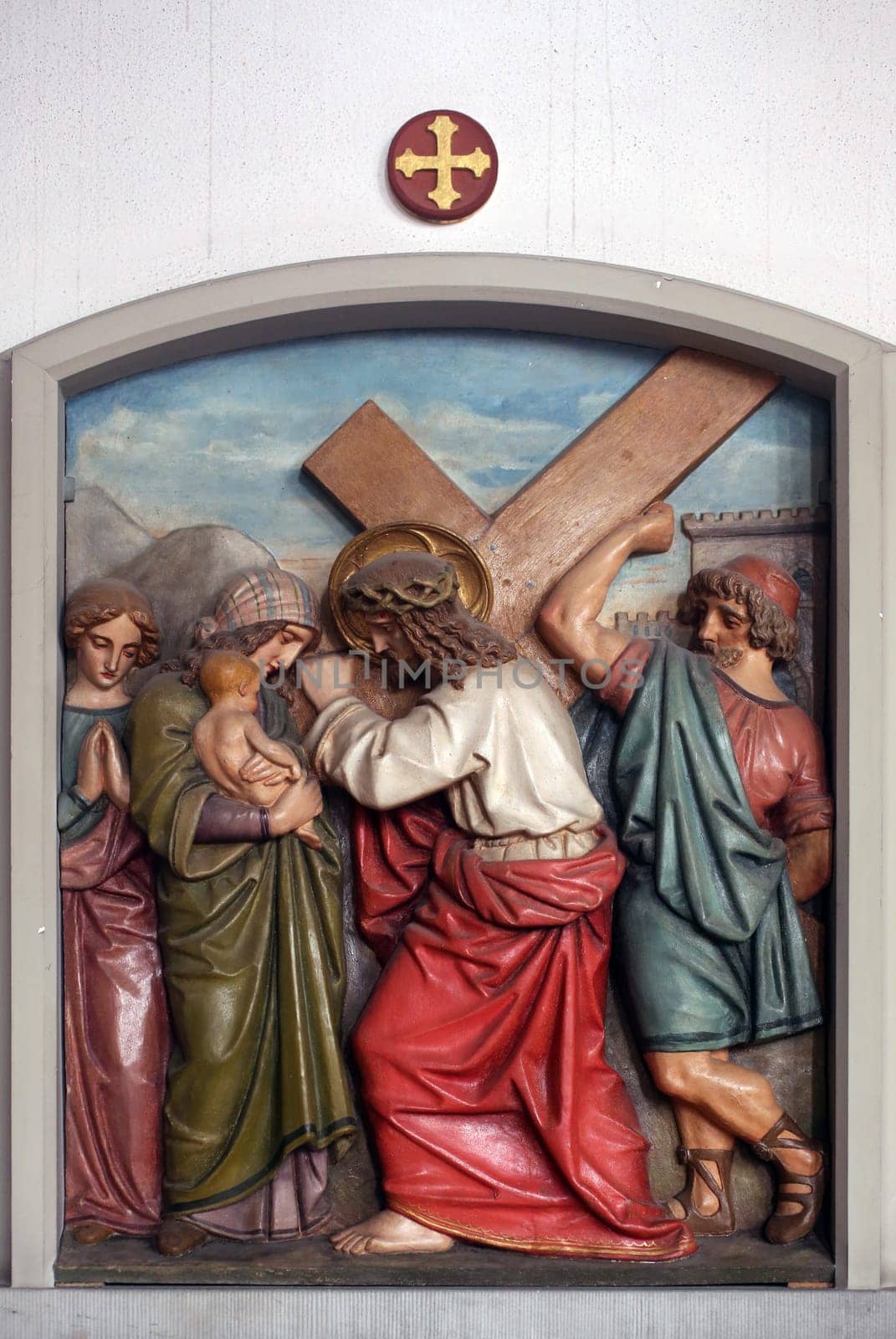 Jesus meets the daughters of Jerusalem, 8th Stations of the Cross, the parish church of St. Peter and Paul in Oberstaufen, Germany