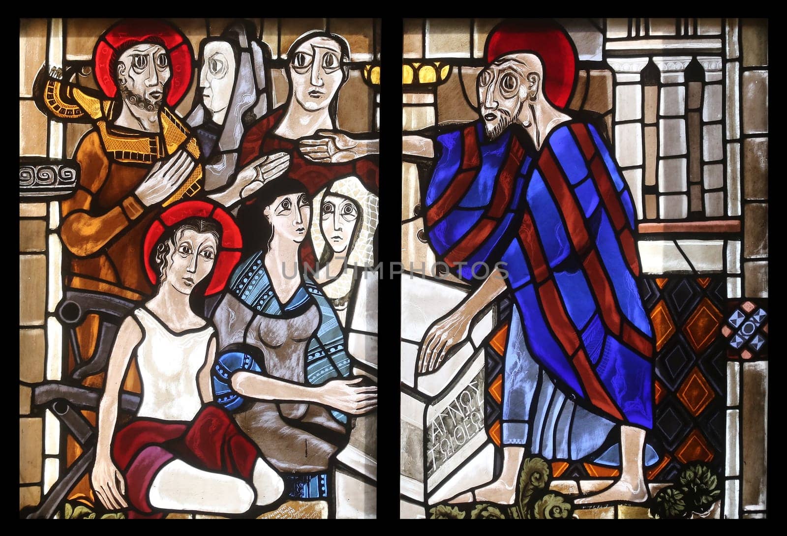 Scenes from the life of St. Paul, stained glass window in the parish church of St. Peter and Paul in Oberstaufen, Germany