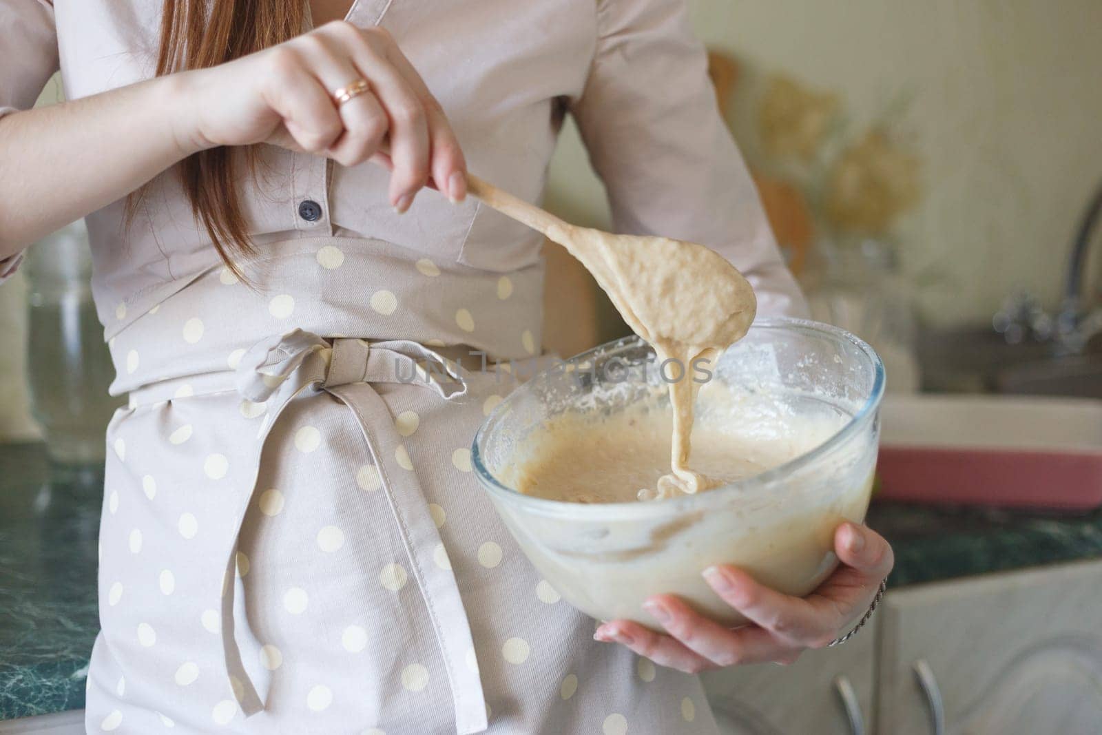 Making dough for pie in bowl. Homemade baking and cooking