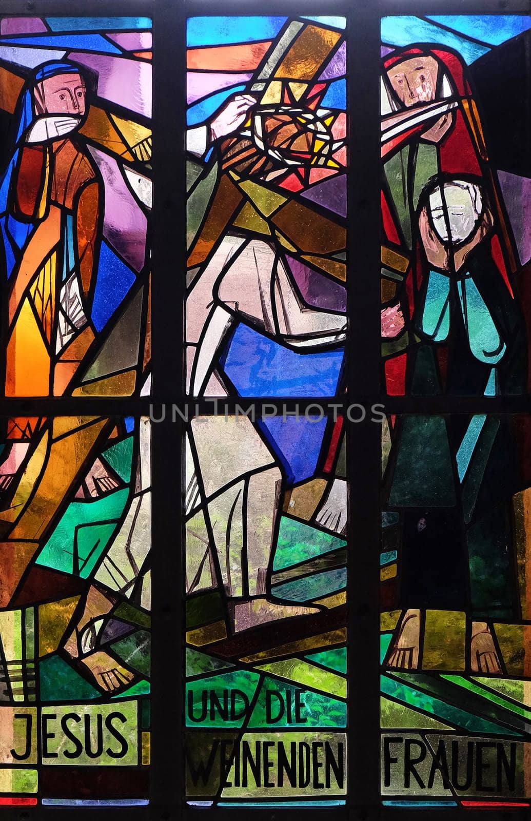 8th Stations of the Cross, Jesus meets the daughters of Jerusalem, stained glass window in Saint Lawrence church in Kleinostheim, Germany