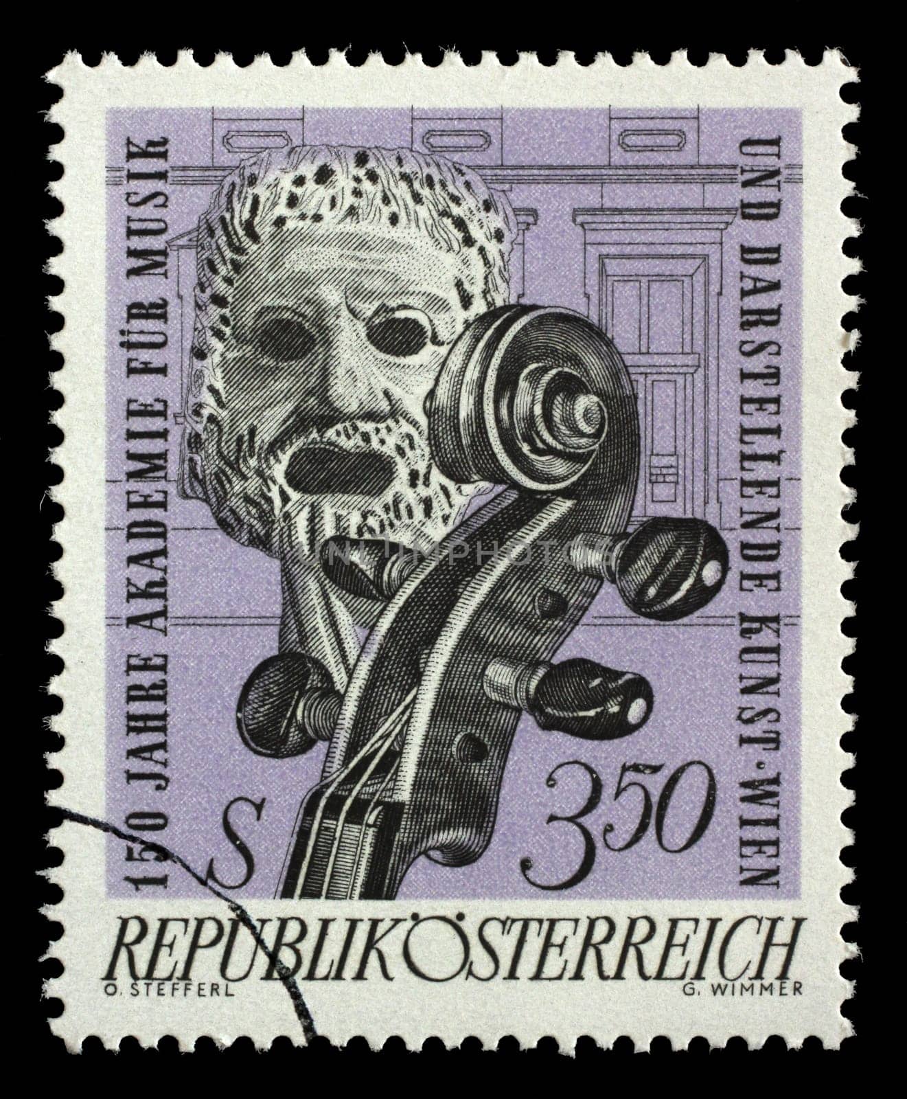 Stamp printed by Austria, shows Tragic Mask and Violin, circa 1967