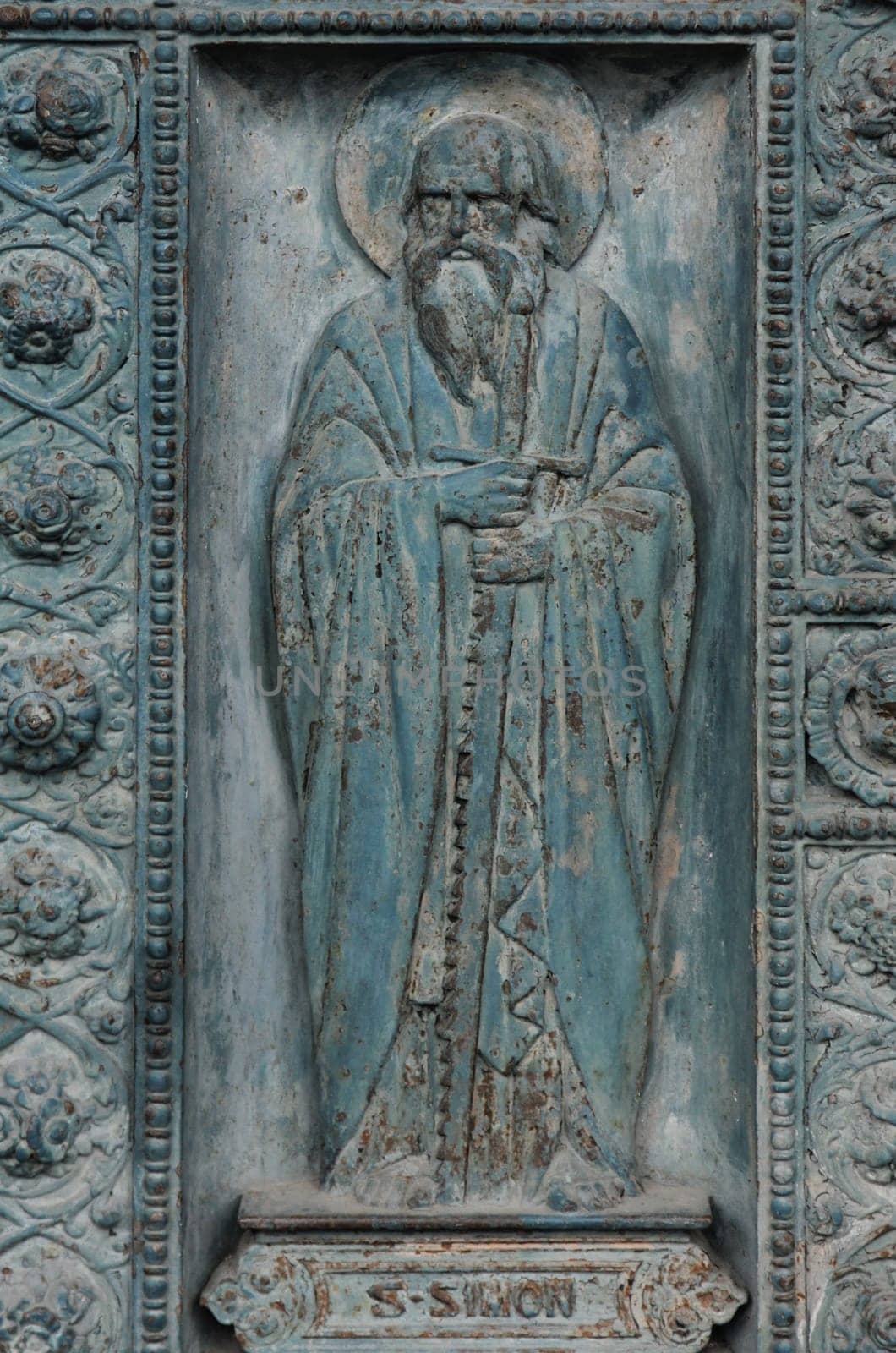 Saint Simon, detail of door of Saint Vincent de Paul church, Paris