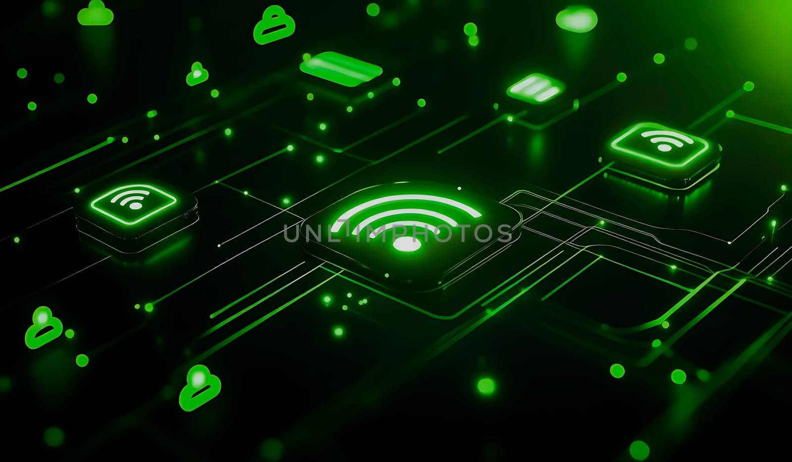 Data technology, neon circuits with dark background, technology signal. Communication concepts, global business, blockchain, internet security.AI generated