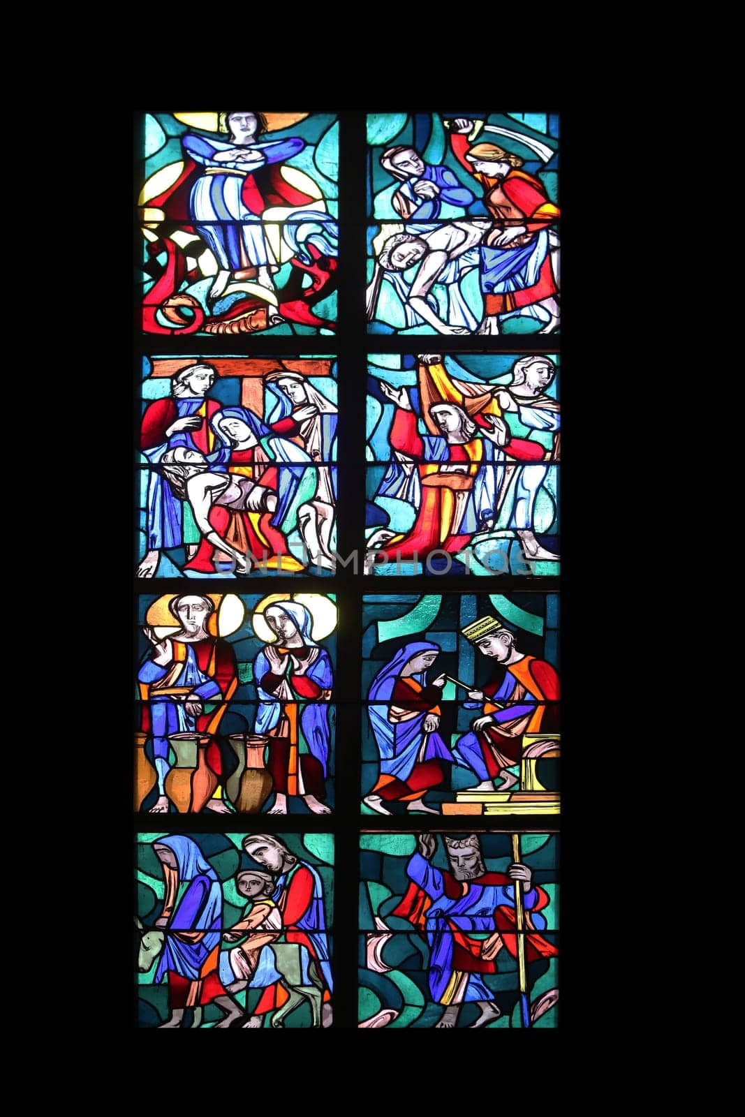 Stained glass window in Basilica of St. Vitus in Ellwangen, Germany