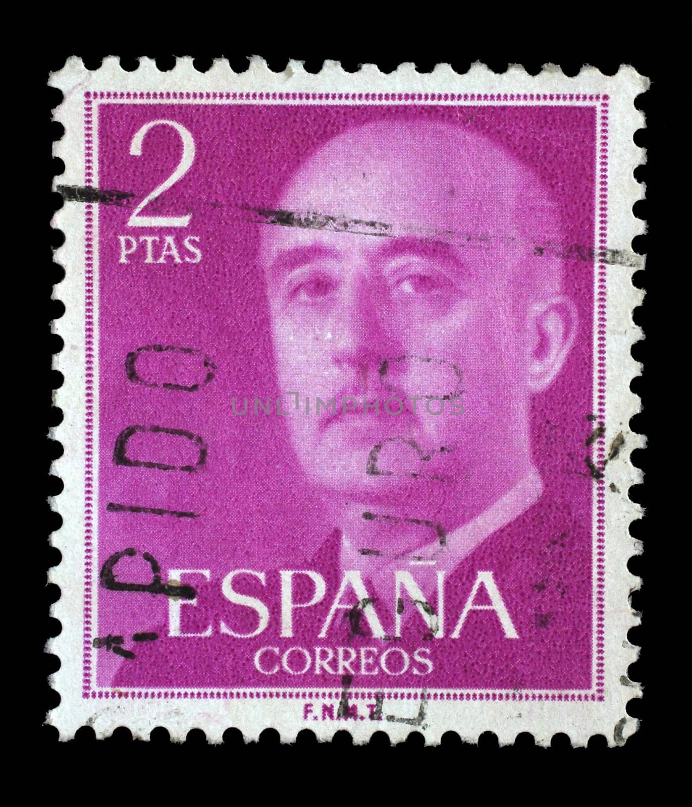 Stamp printed in Spain shows a portrait of Francisco Franco, circa 1955.