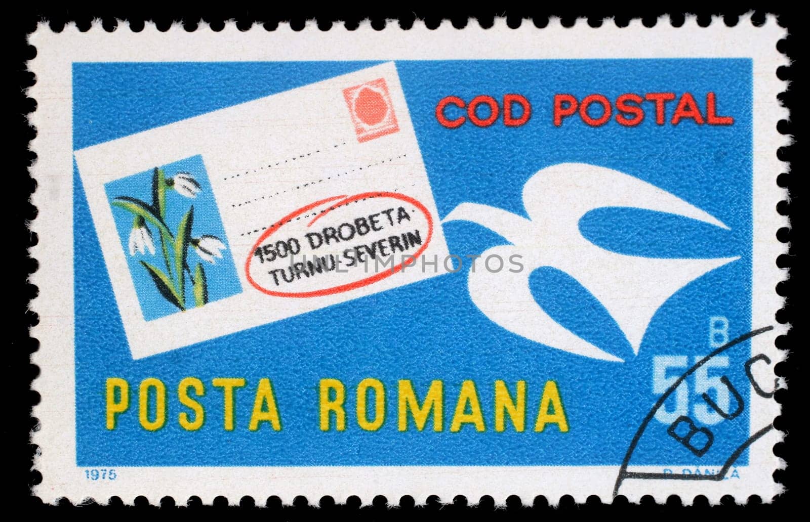 Stamp printed in Romania shows Postcard and pigeon, Introduction Postcode System, circa 1975.