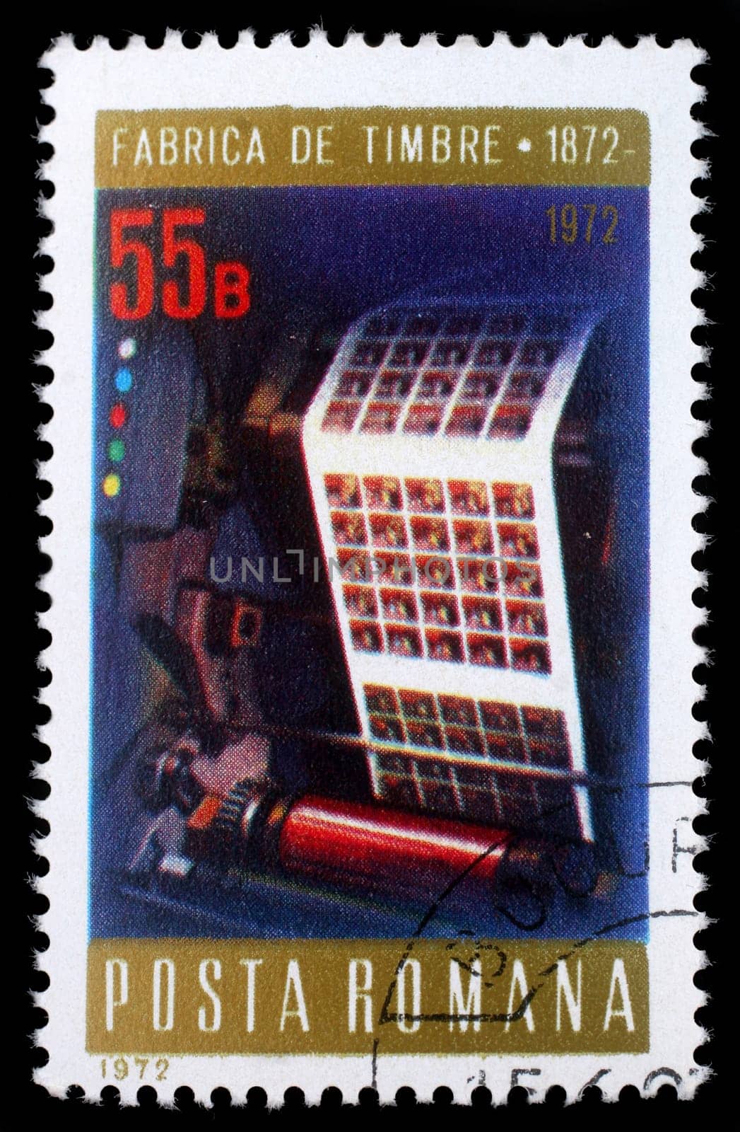 Stamp printed in Romania shows Multicolor printing press, Stamps Factory Centenary, circa 1972.