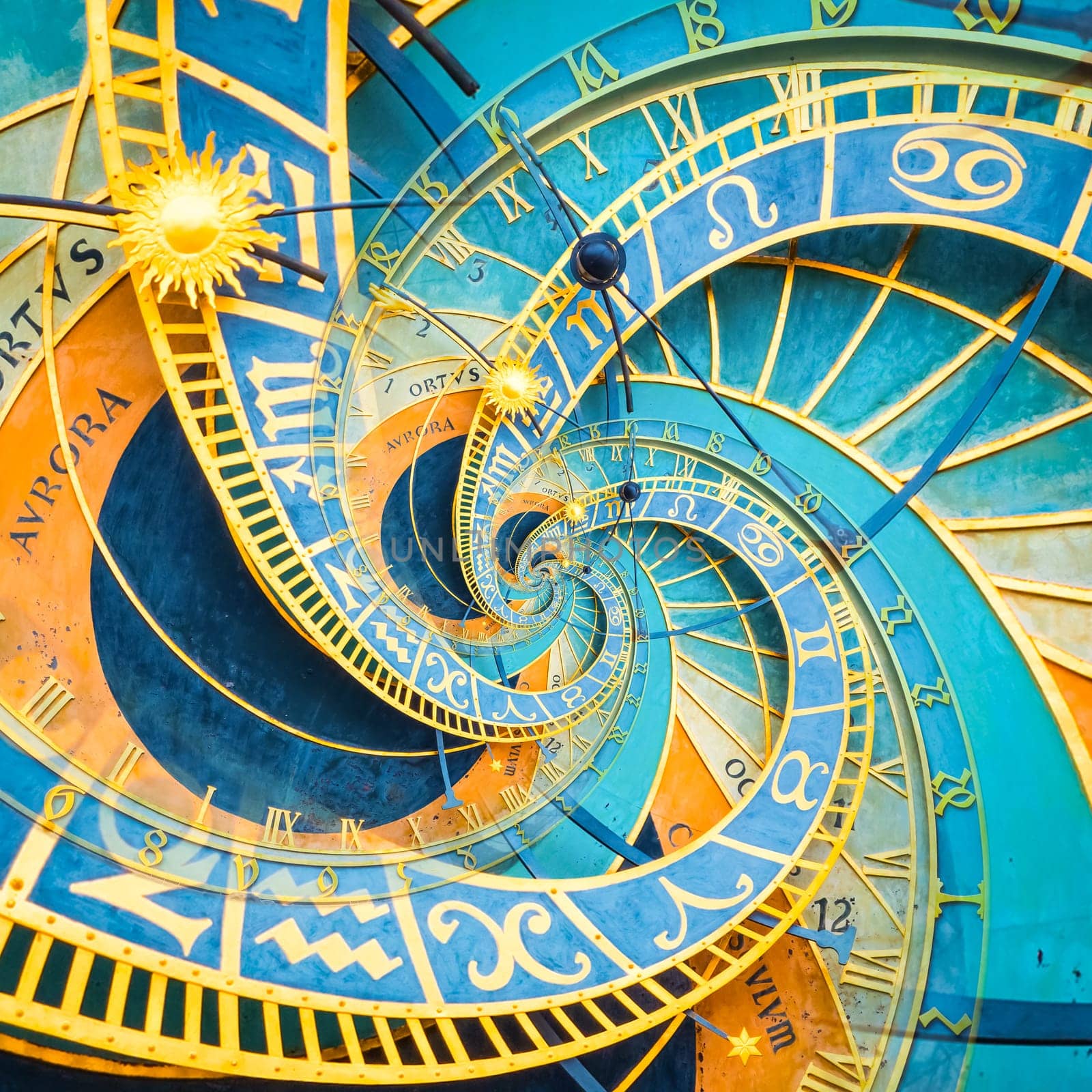 Droste effect background based on Prague astronimical clock. Abstract design for concepts related to astrology, fantasy, time and magic.