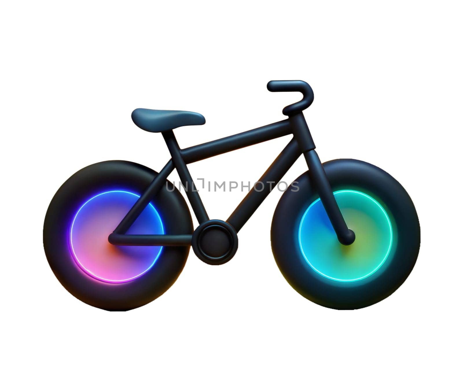 A sleek iridescent electric bike icon with glowing wheels, symbolizing eco-friendly transportation, isolated on white background, perfect for modern tech, cycling, and sustainability themes.