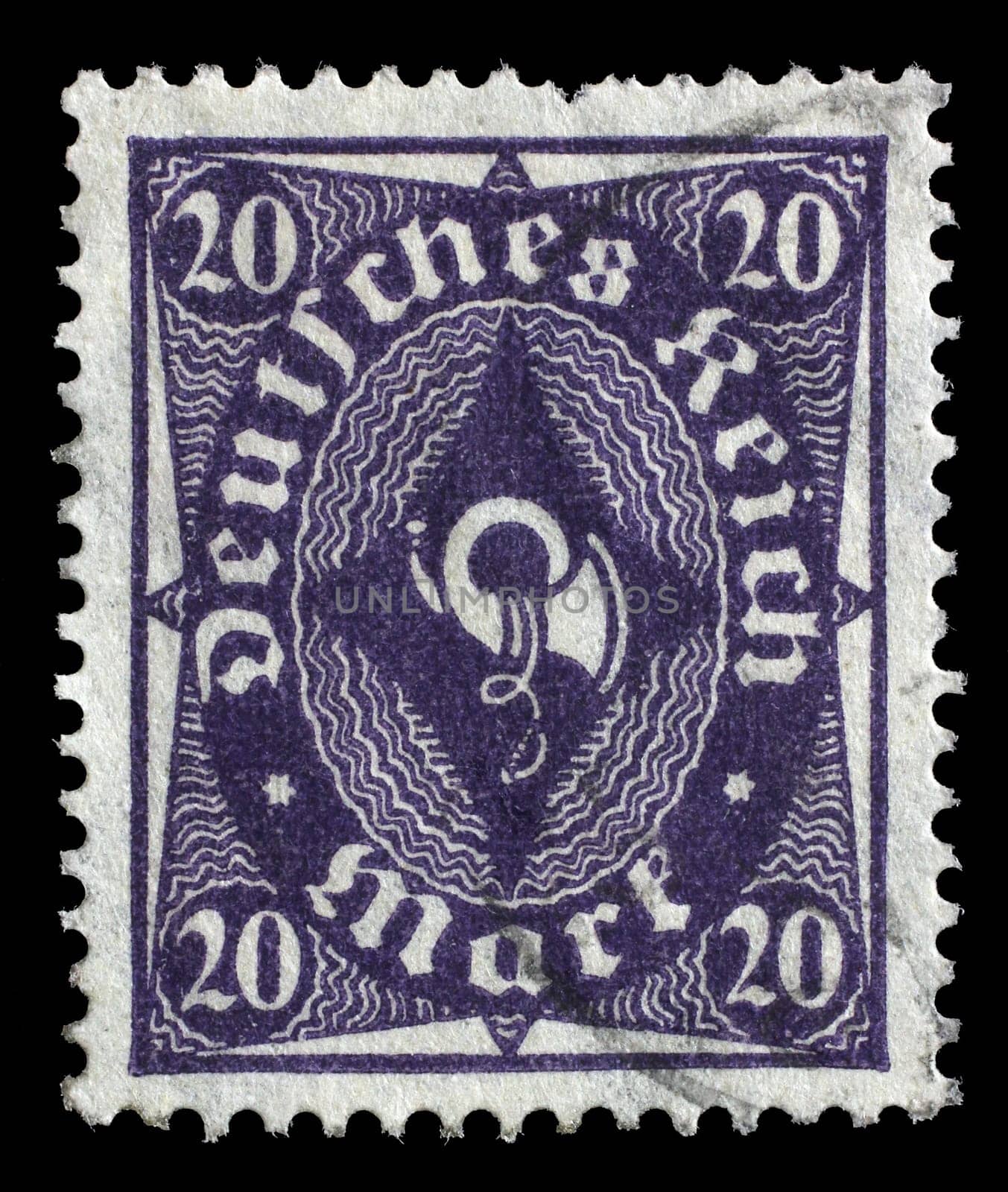 Stamp printed in Germany shows a posthorn, circa 1922.