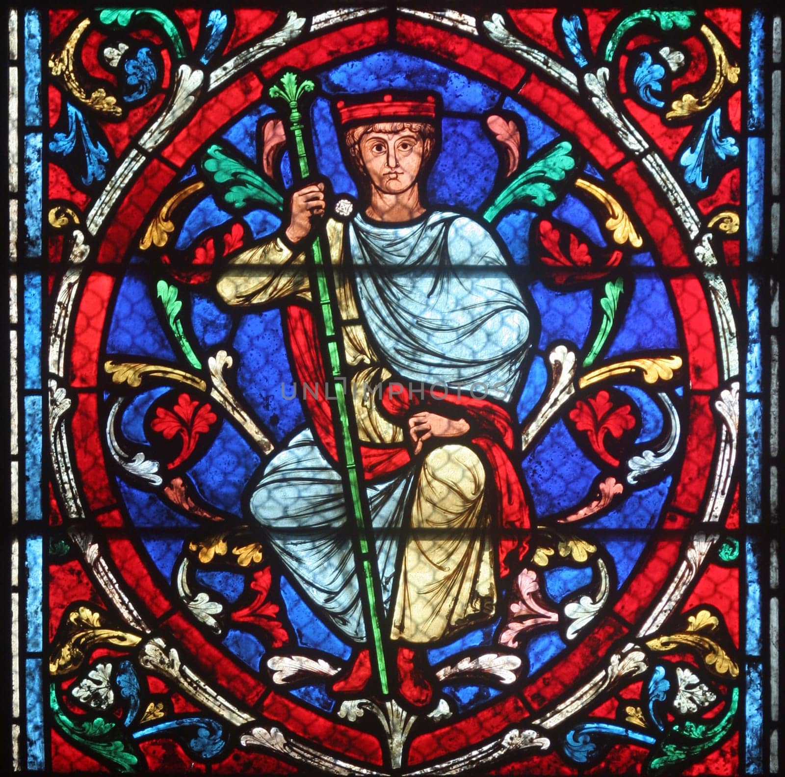 Colorful stained glass window in Cathedral Notre Dame de Paris