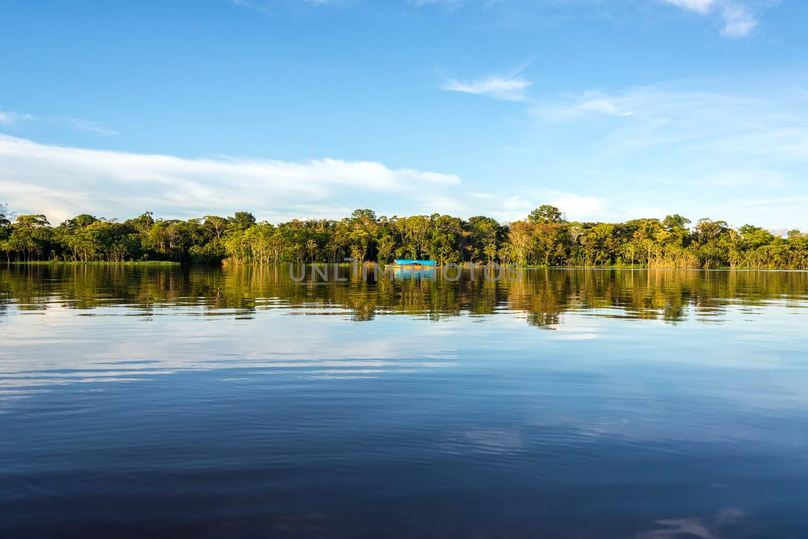 Jungle, sky, and boat reflected in the clear blue water of the Javari River in the Brazilian Amazon Rainforest