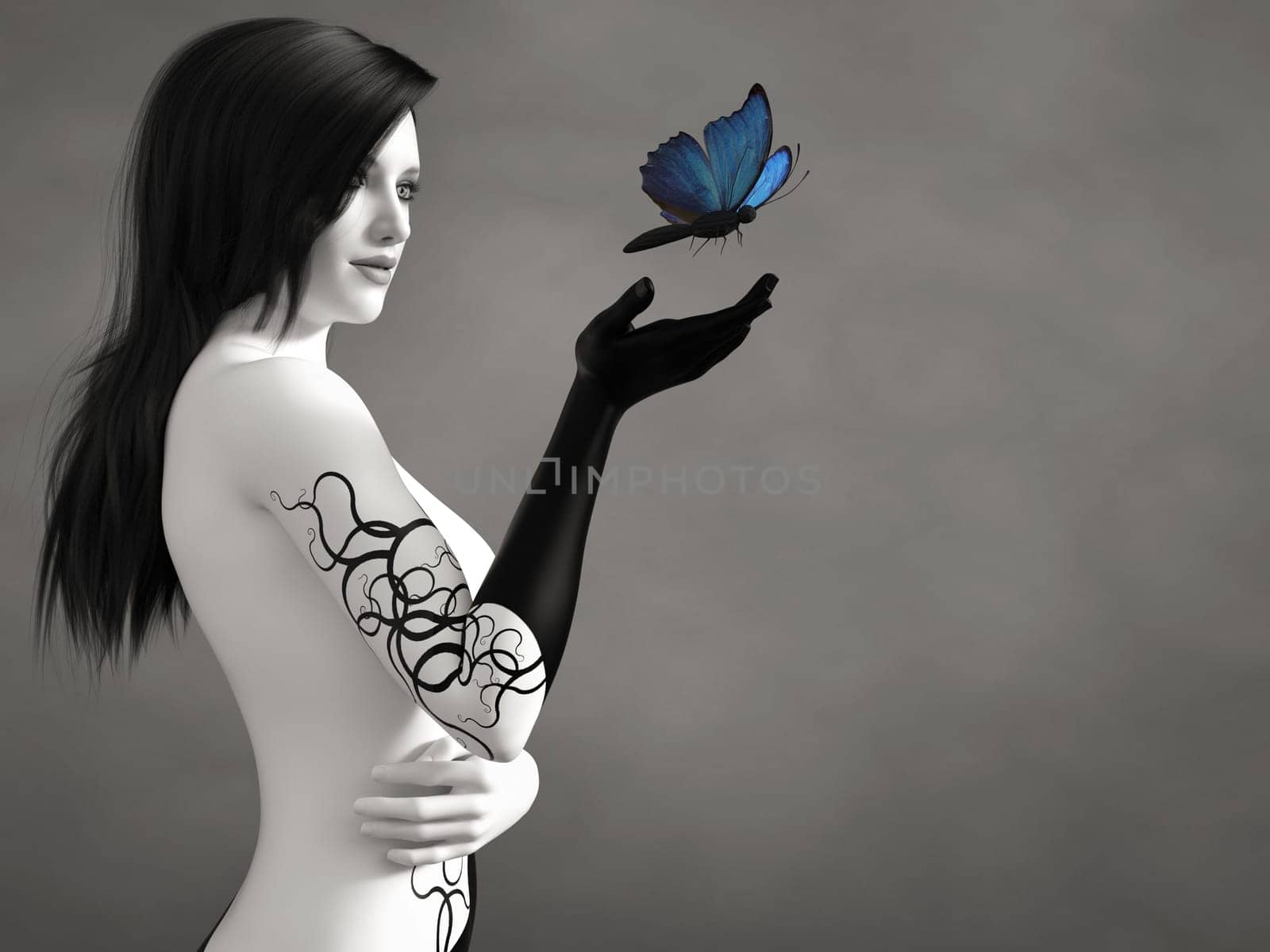 3D rendering of a surreal bodypainted woman looking at a blue butterfly. The image is black and white or monochrome besides the butterfly.