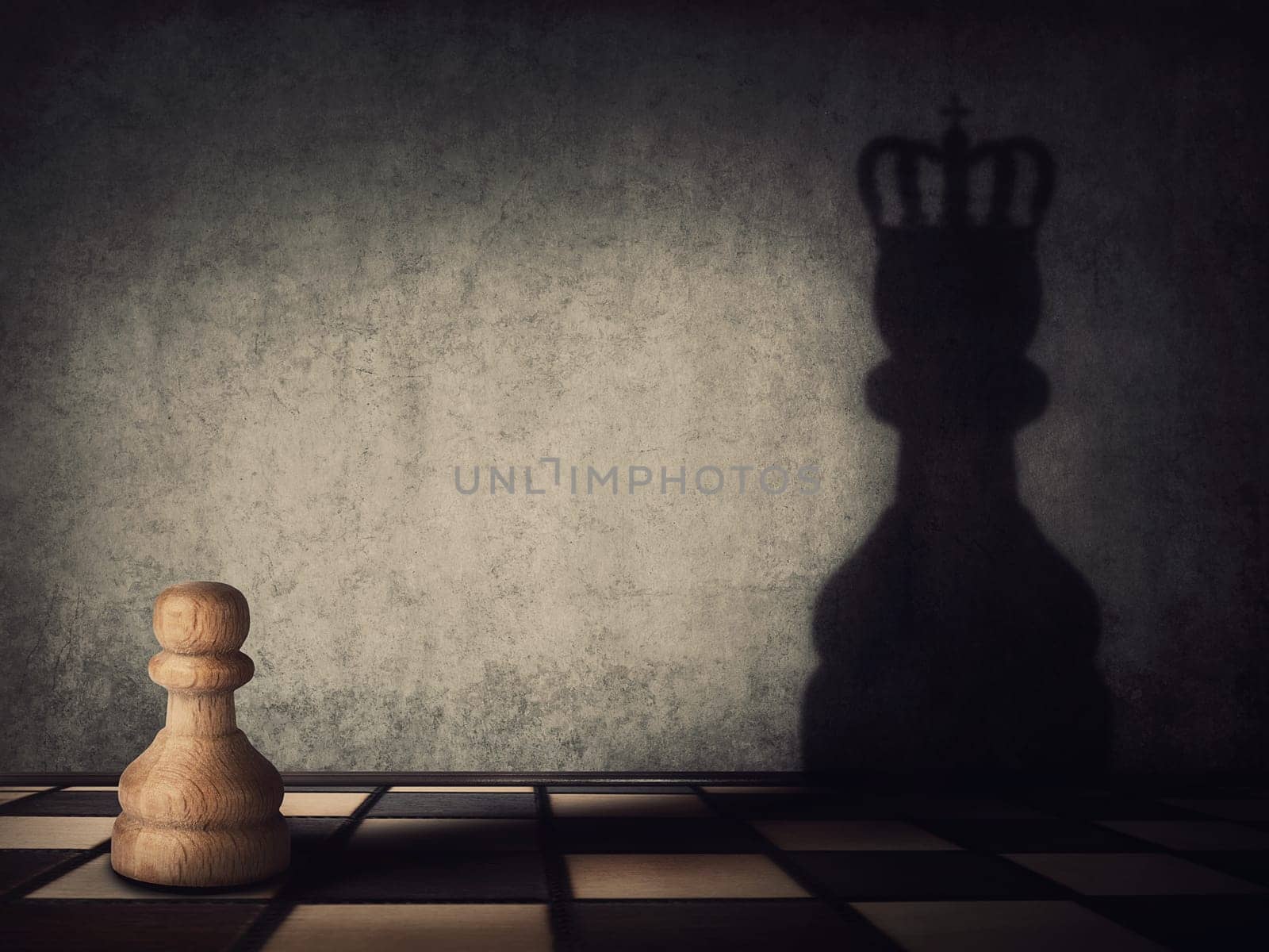 Surreal transformation of the pawn chess piece into a powerful king or queen. Motivation and self confidence metaphor, overcoming obstacles and achieving success. Leadership and authority concept